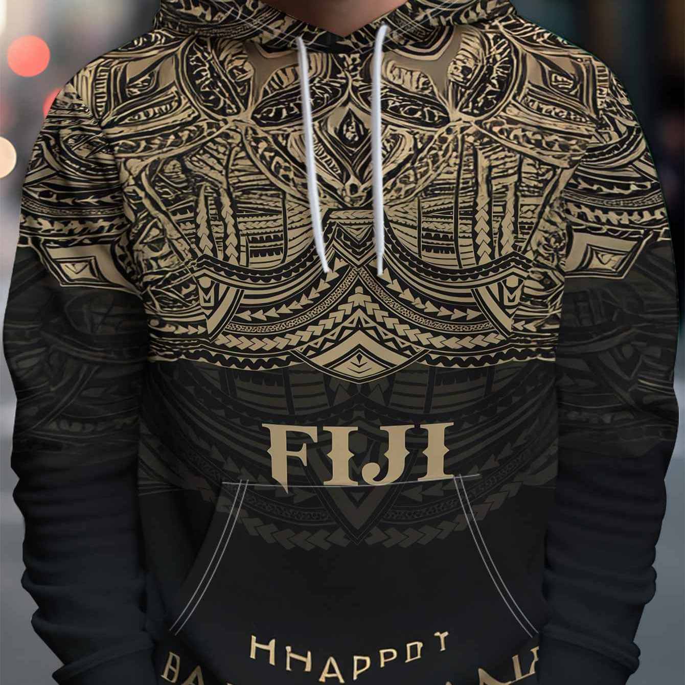 TEMU Men's Hoodie - Casual Pullover Hooded Sweatshirt With Totem Text Design, Autumn/winter Wear, Machine Washable, Ideal For Travel And Daily Use -