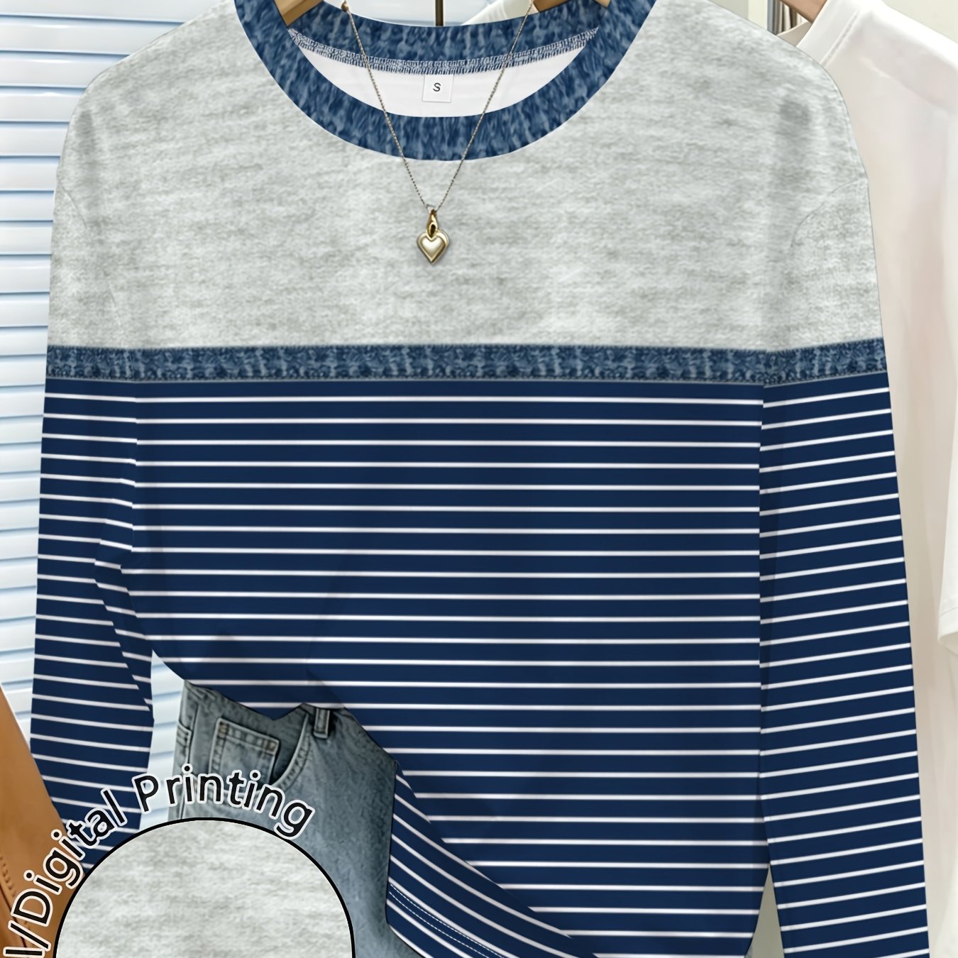 TEMU Women's Striped Printed Crew Neck Long Sleeve T Shirt Casual Summer Tops
