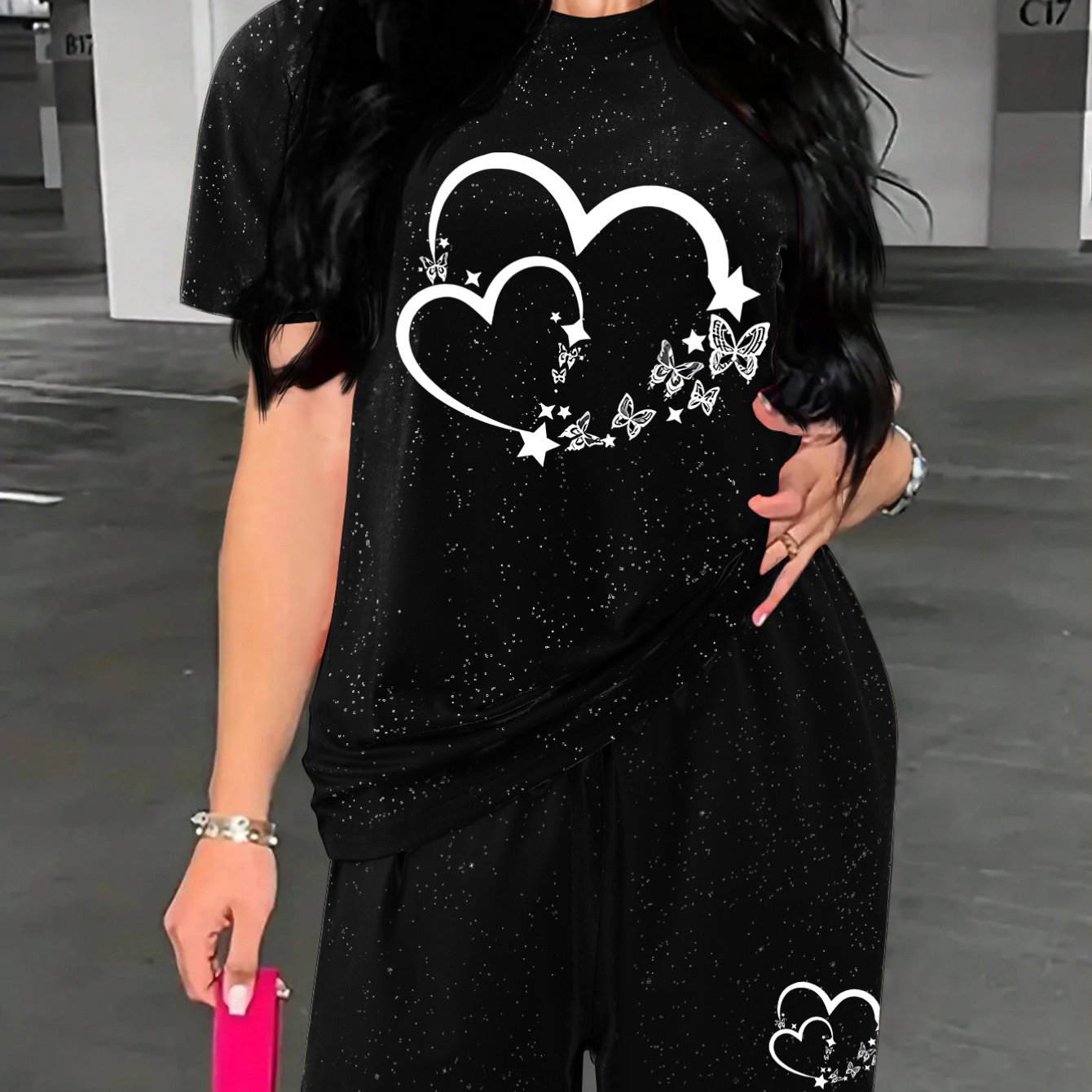 TEMU And Summer Fashionable For Women, Featuring A Starry Short-sleeve Round-neck Outfit With Matching Shorts And A Versatile Tee