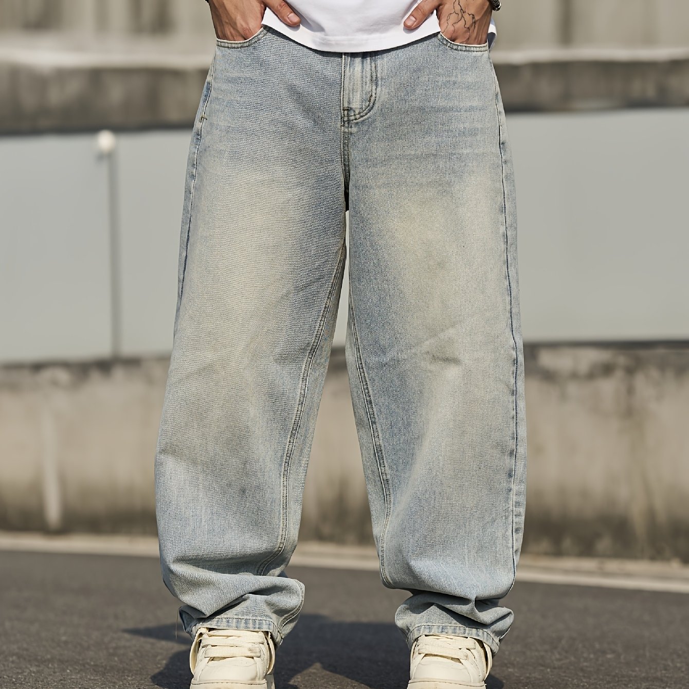 Men's Trendy Loose Solid , Fashionable Minimalist Casual Straight Jeans