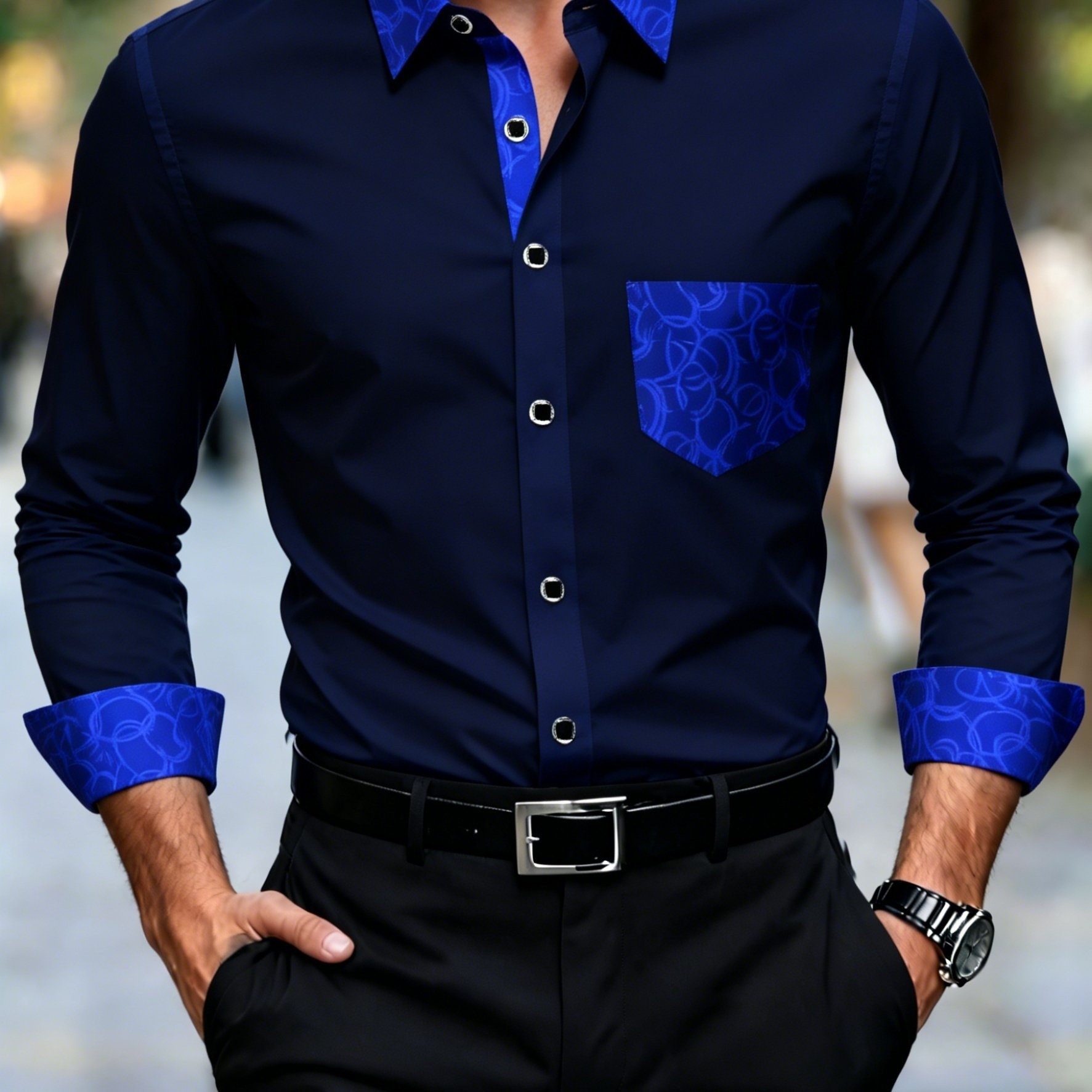 Image of Kavavo Men's Dark Blue Shirt With Blue Patterns On Collar And Cuffs | Elegant Everyday Shirt Suitable For Dating, Office, And , Men's Dress Shirt Suitable For