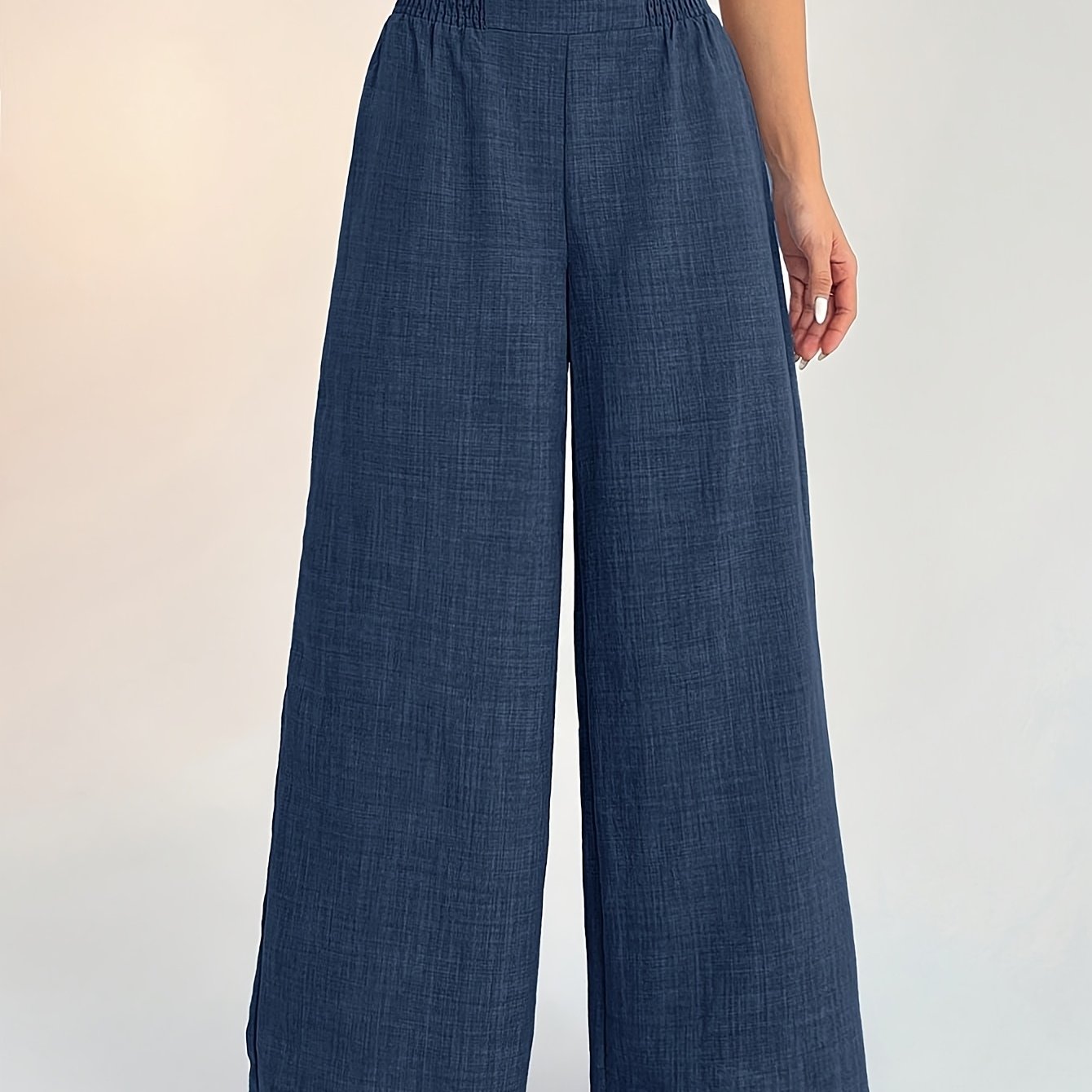 TEMU [xxfl] High-waisted Wide-leg Trousers - Elastic Waistband Wide-leg Pants Suitable For Commuting, & Casual Attire, Solid Color Loose Trousers,