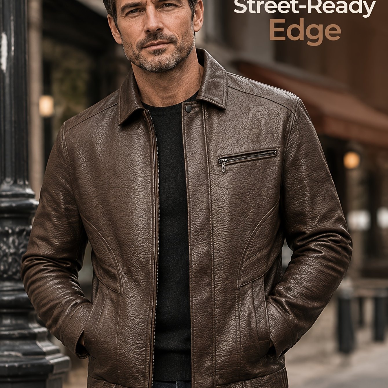 Image of Black Offer 1pc Men's Brown Jacket Lapel Front Zipper Patch Pockets Retro Spring Autumn Fit Short Jacket