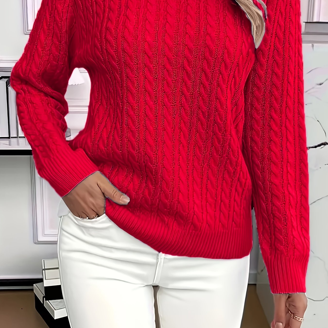 Plus Size - Plus Size - Plus Size Cable Round Neck Sweater, Fall Winter Casual Long Sleeve Sweater, Women's Plus Size Clothing