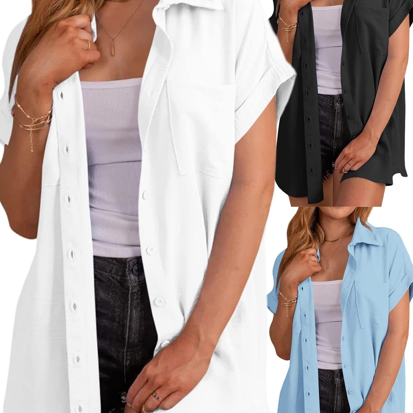 Womens Short Sleeve Button Shirts Casual Loose Fit Summer Shirt Blouses Tops With Pockets