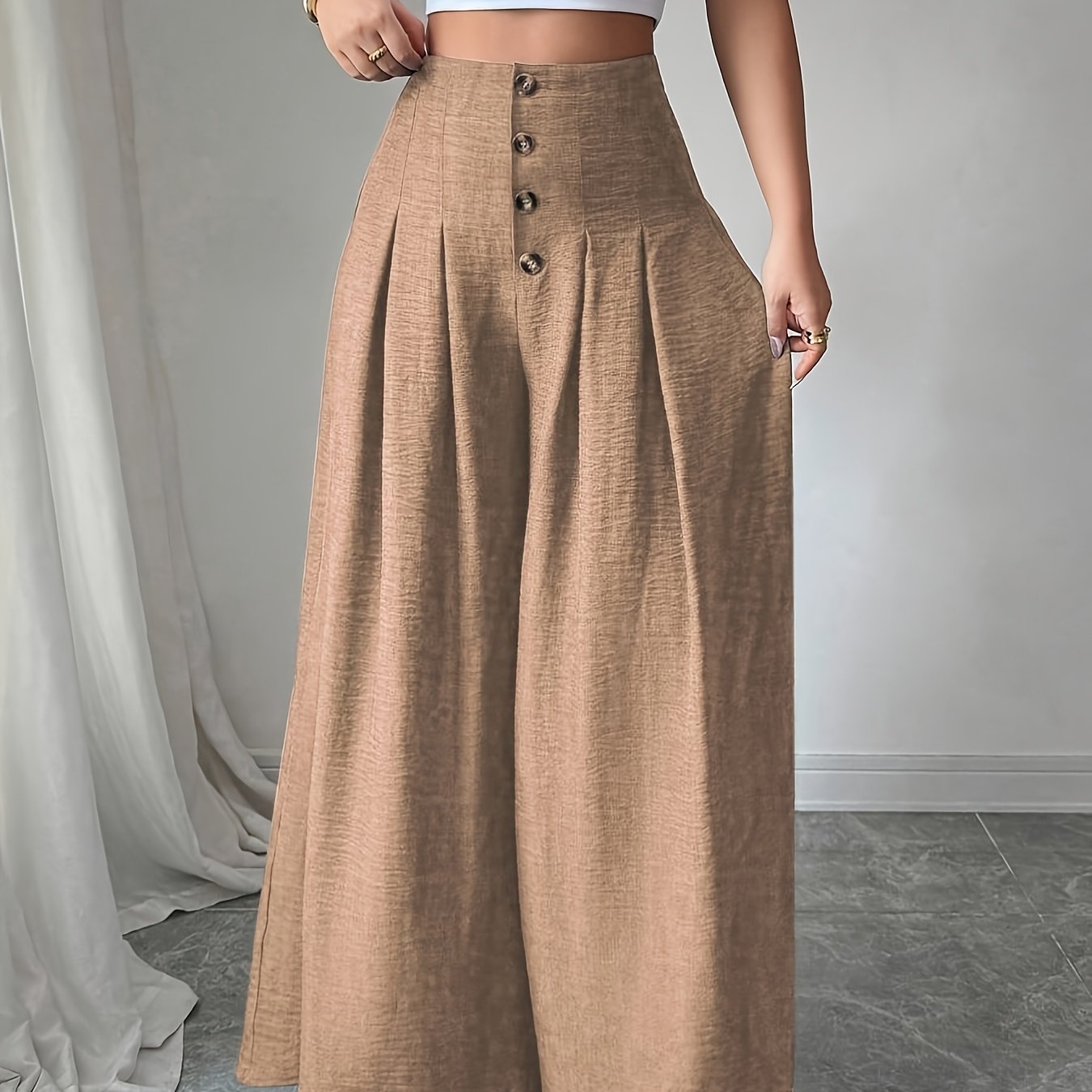 TEMU Pantalones de pierna ancha para mujer, de moda, holgados, de color sólido, con botones delanteros y cremallera invisible en la espalda, plisados