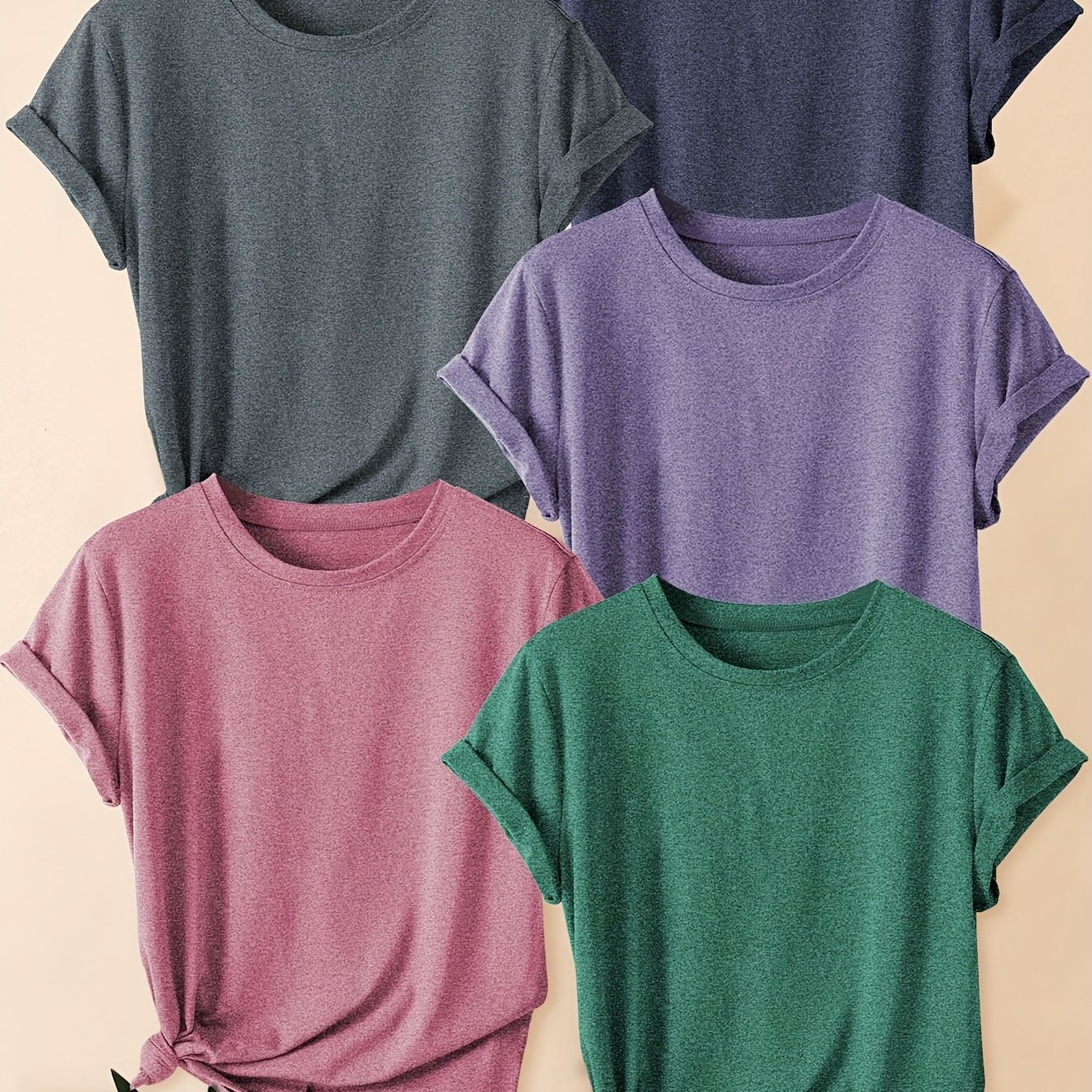 TEMU 5pcs Women's Short Sleeve Solid Color Plain Round Neck Casual Loose Summer Plus Size T-shirt, Fashion Commuter Vacation Daily Versatile Top