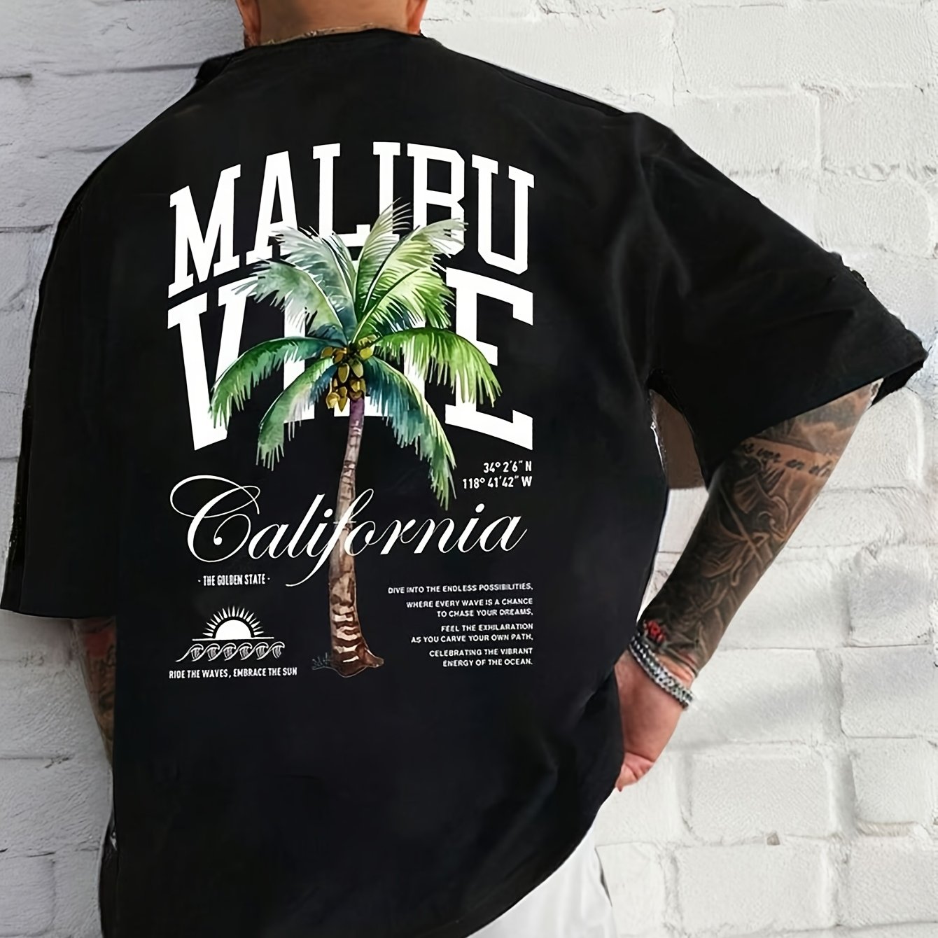 TEMU Men's Summer Short Sleeve T-shirt - Breathable Regular Fit With Malibu California Palm Tree & Letter Print, Casual Beachwear For Outdoor