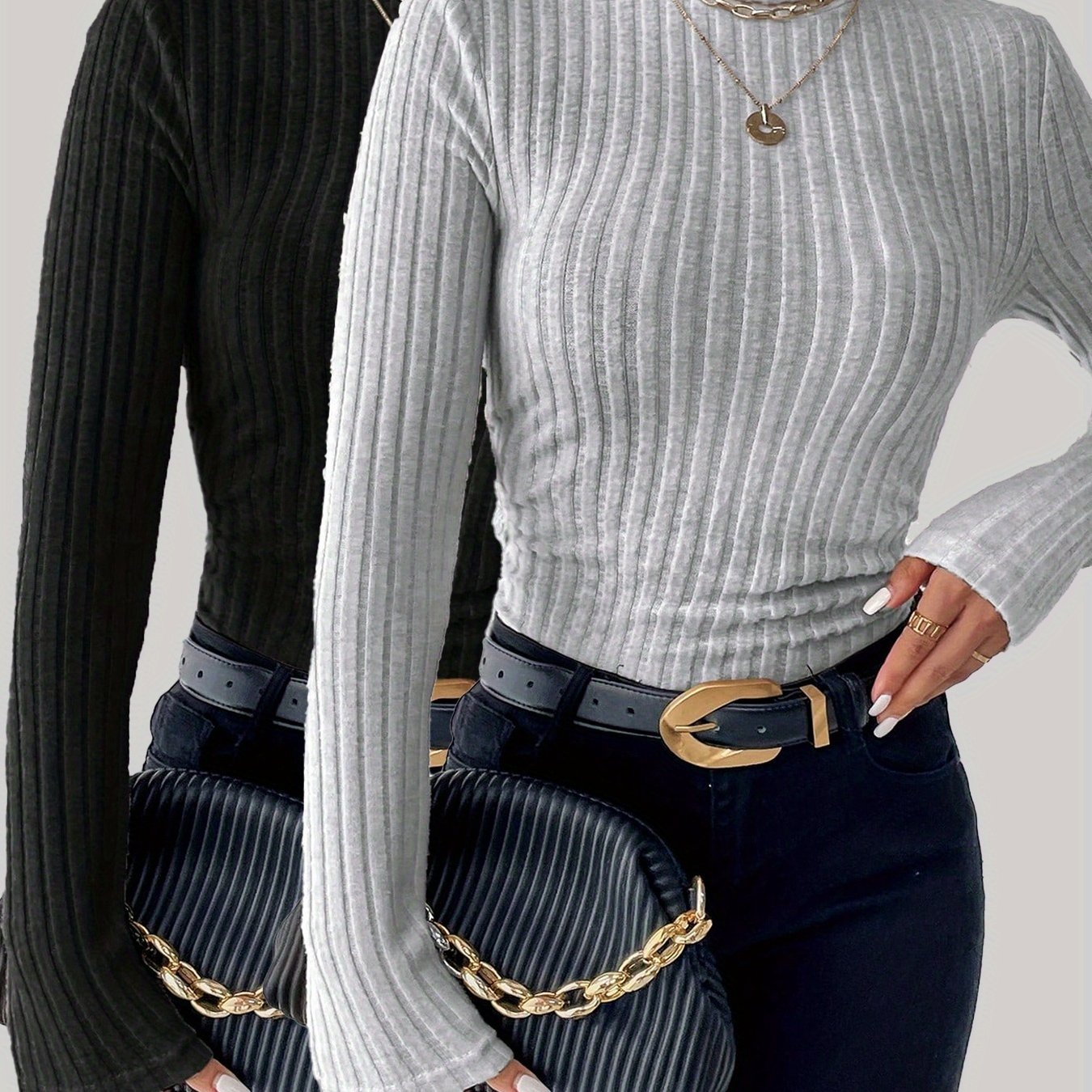 TEMU Round Neck Ribbed Fabric T-shirt, A Fashionable New 2pcs Set Top Suitable For Autumn And Winter, Combining And Elegant Temperament