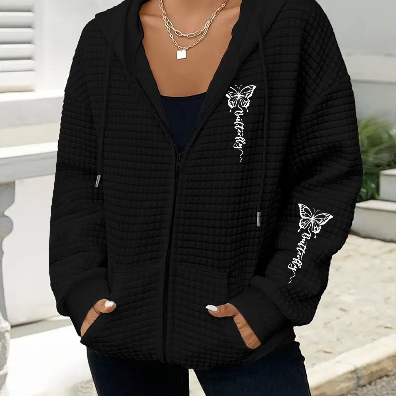 TEMU Plus Size, New Hot-selling Plus Size Women's Hooded Jacket, Plus Size Women's Fashion Waffle Hooded Sweatshirt Coat, Hoodie With Pockets, Casual