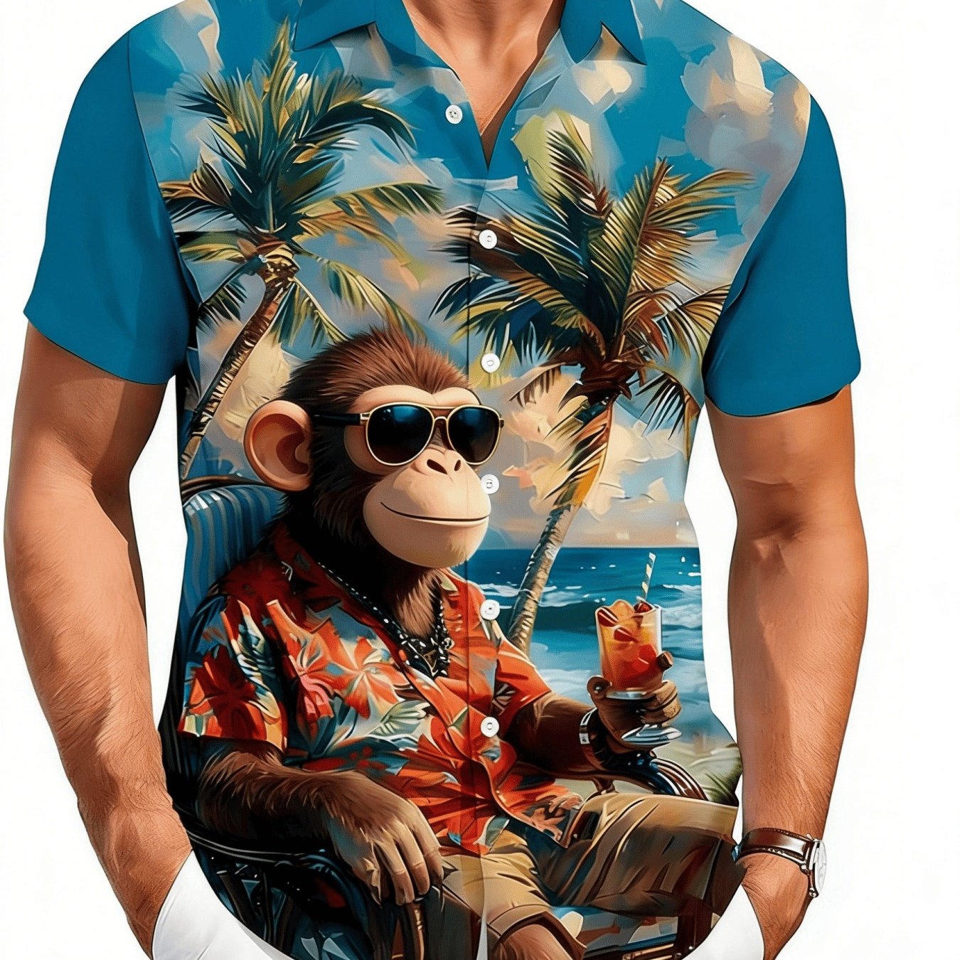 TEMU Men's Monkey & Palm Tree Print Button- Shirt - Short Sleeve Collared Button-up Suitable For Beach Vacations, Casual Wear, Dates, Gift - Machine