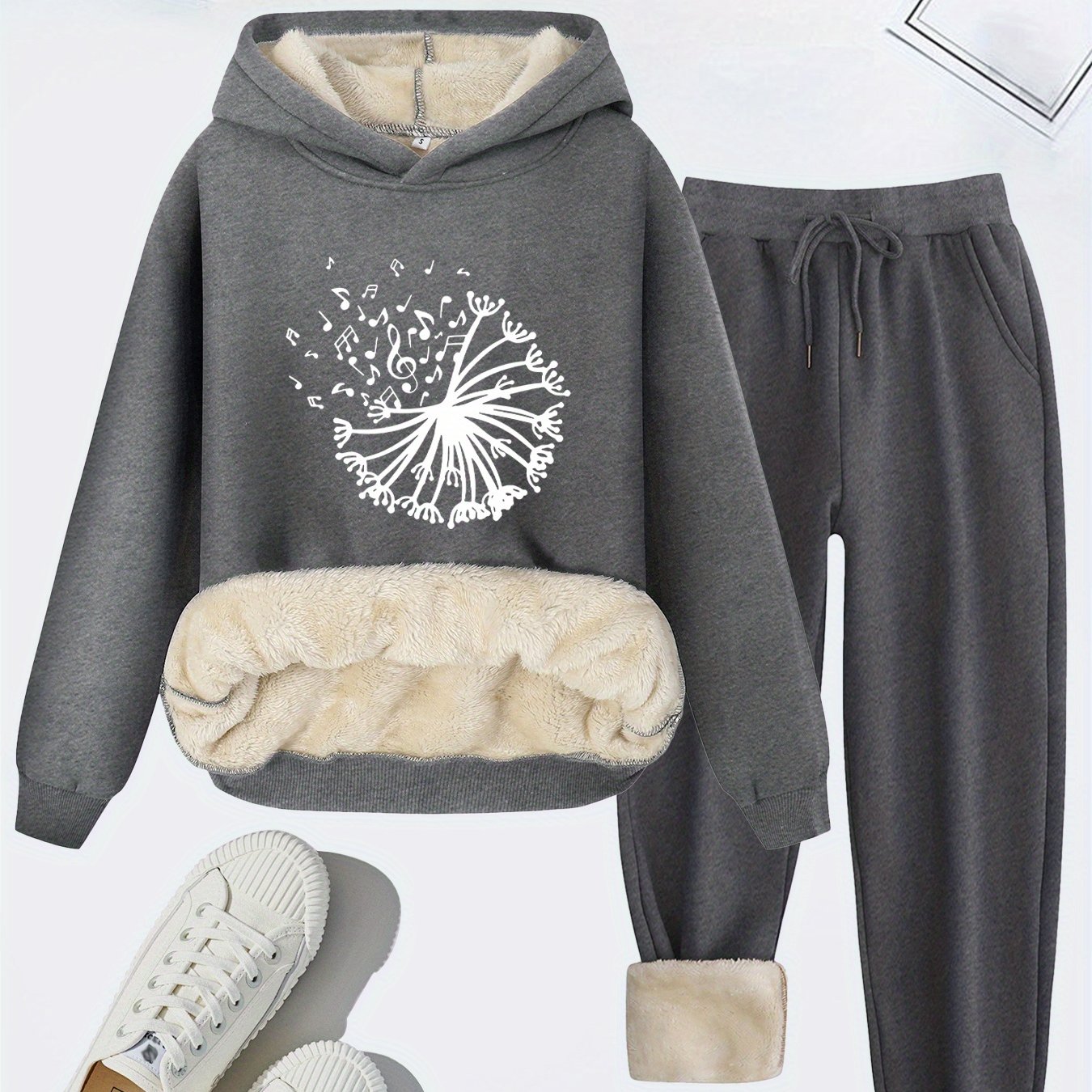 TEMU Set da donna casual /inverno 2026 Everyday : felpa con cappuccio foderata e ispessita con stampa di nota e pantaloni con a sporgere, set pezzi