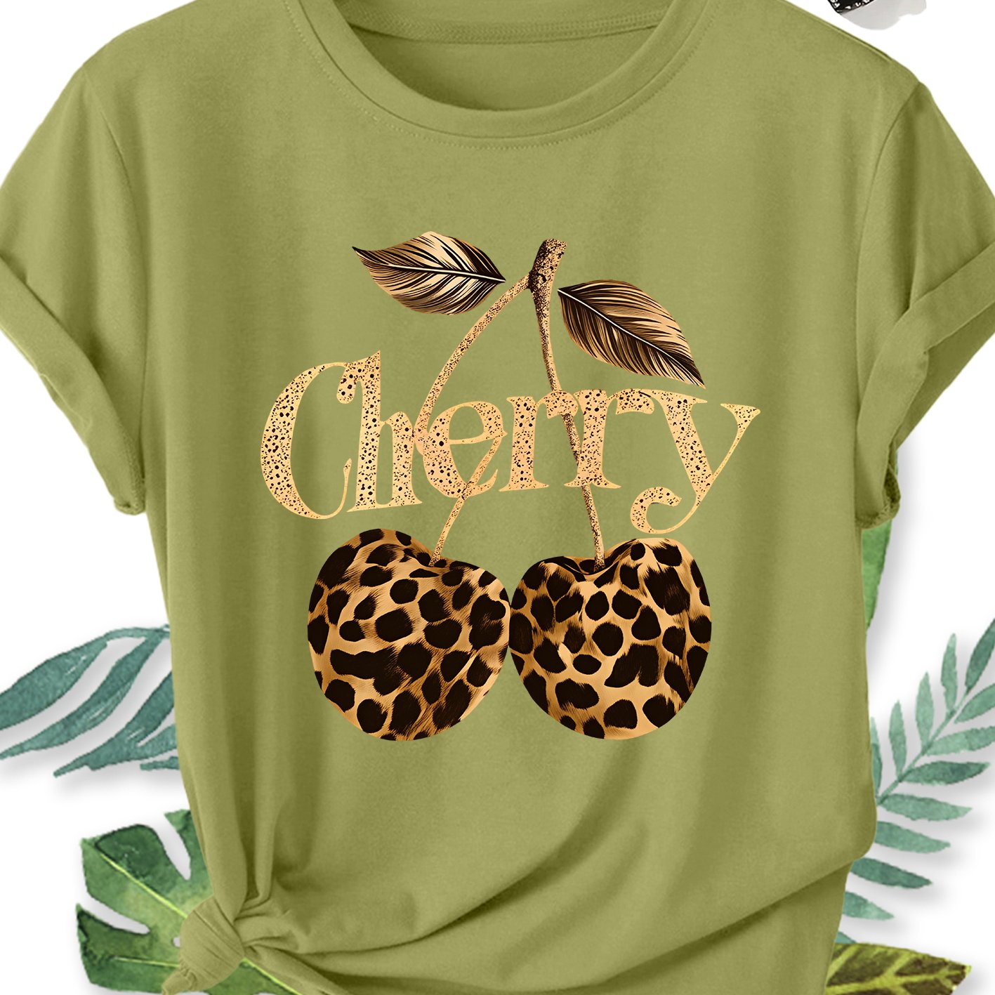 TEMU Women's Plus Size Oversized Short Sleeve Blouse Top - Glitter Leopard & Cherry Print Round Neck Shirt, Soft Breathable Fabric Suitable For