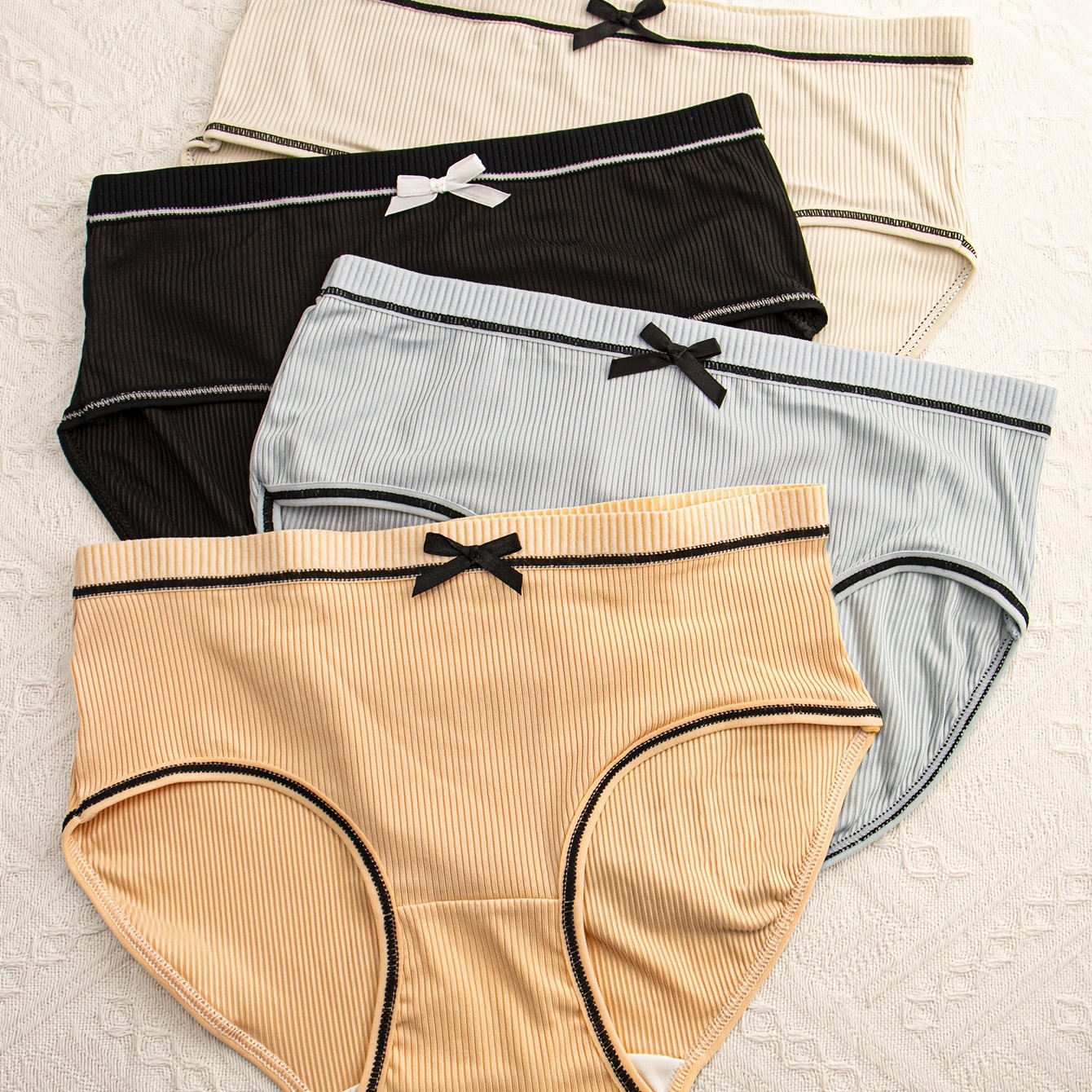 E-shop 4er-Set Geraffte Slips mit Schleifen-Dekor, Bequeme Atmungsaktive Stretch-Intimwäsche, Damenunterwäsche & Dessous, Schleife, Dreieck, Sexy