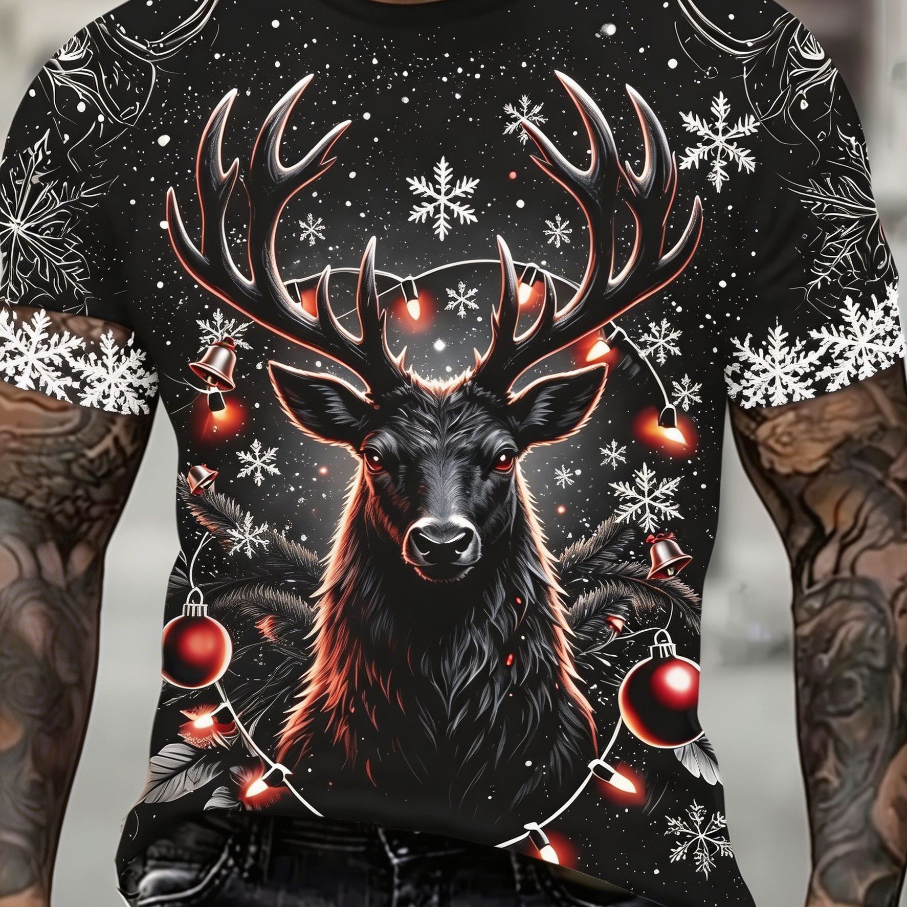 TEMU [printed Design â Not Textured]dark Christmas Reindeer Plus Size Men's Short Sleeve T-shirt, Plus Size Loose Fit Round Neck Casual Summer