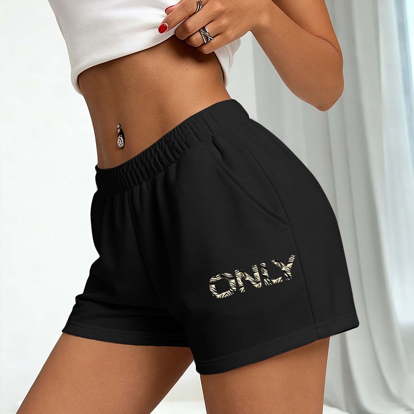 E-shop Damen-Shorts mit Buchstaben-Print elastischem Bund für Frühling/Sommer 2026 – Bequeme, beinlängend wirkende Freizeit-S-Hosen