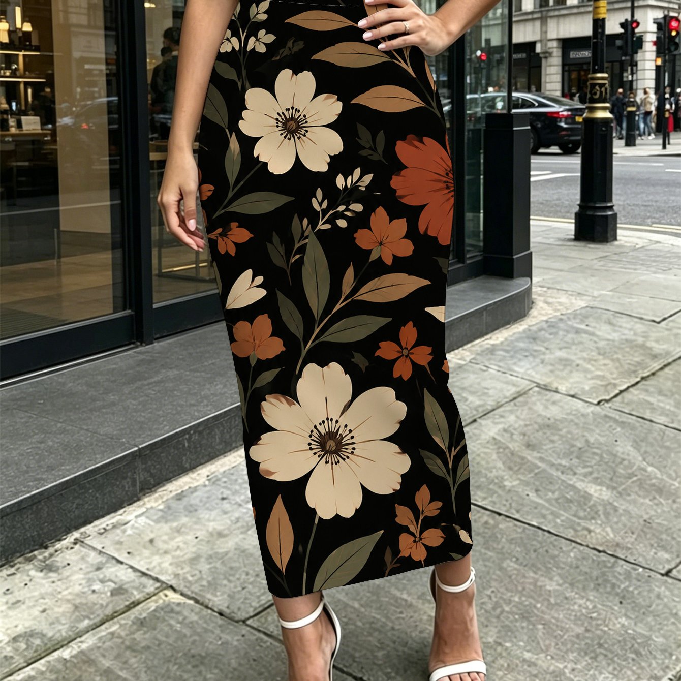 TEMU Vintage Floral Pattern Womens Printed Mid Length Hip Hugging Skirt Office Travel Casual Daily Wear