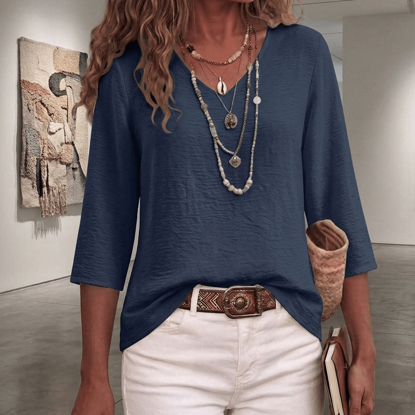 TEMU Camiseta nueva de /otoño para mujer, estilo simple, cuello en V, color liso, para uso diario, de , ajuste holgado, cuello en V, a , casual,