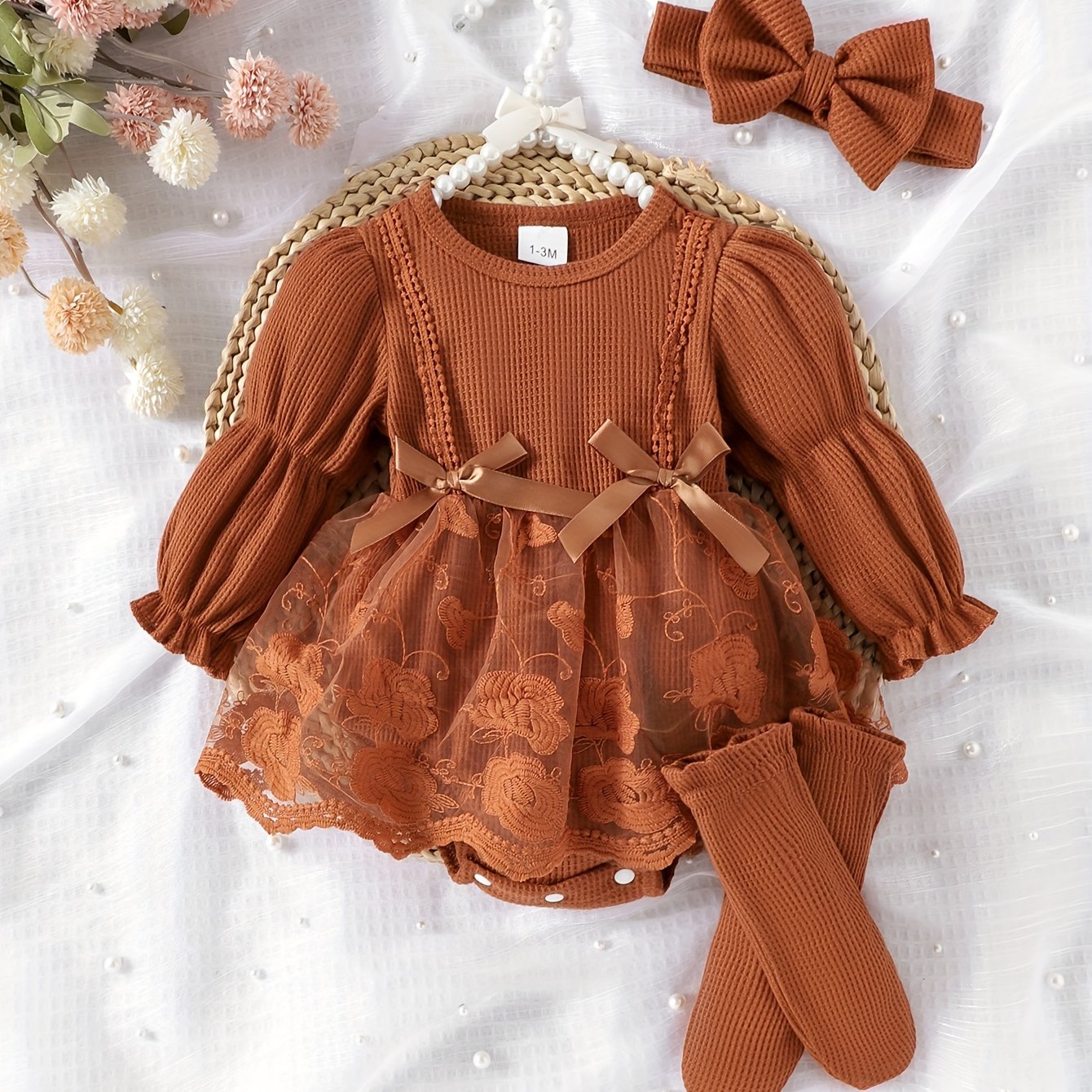 4pcs Wear For Newborn Girls, Embroidered Tulle Bow Skirted Romper, With Bow Headband And Knee High Socks. Cute Style For Daily Use.