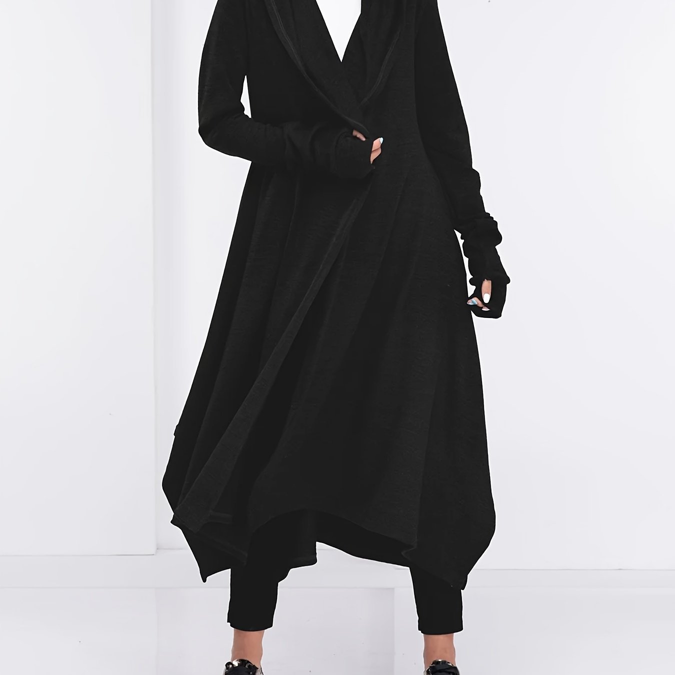 Targeted Development Fashion Black Long Witch Hooded Solid Color Cardigan, For Halloween