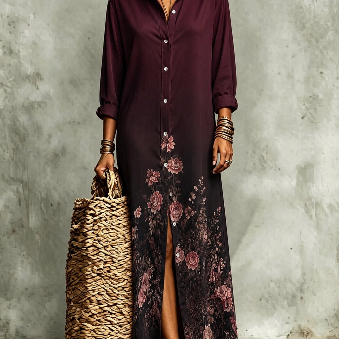 Image of Plus Size - 2026 Autumn New Long Sleeve Shirt Dress For Women, Dark Tone Floral Split Hem Maxi Dress, Loose Casual Clothing Suitable For Daily Evening And Leisure