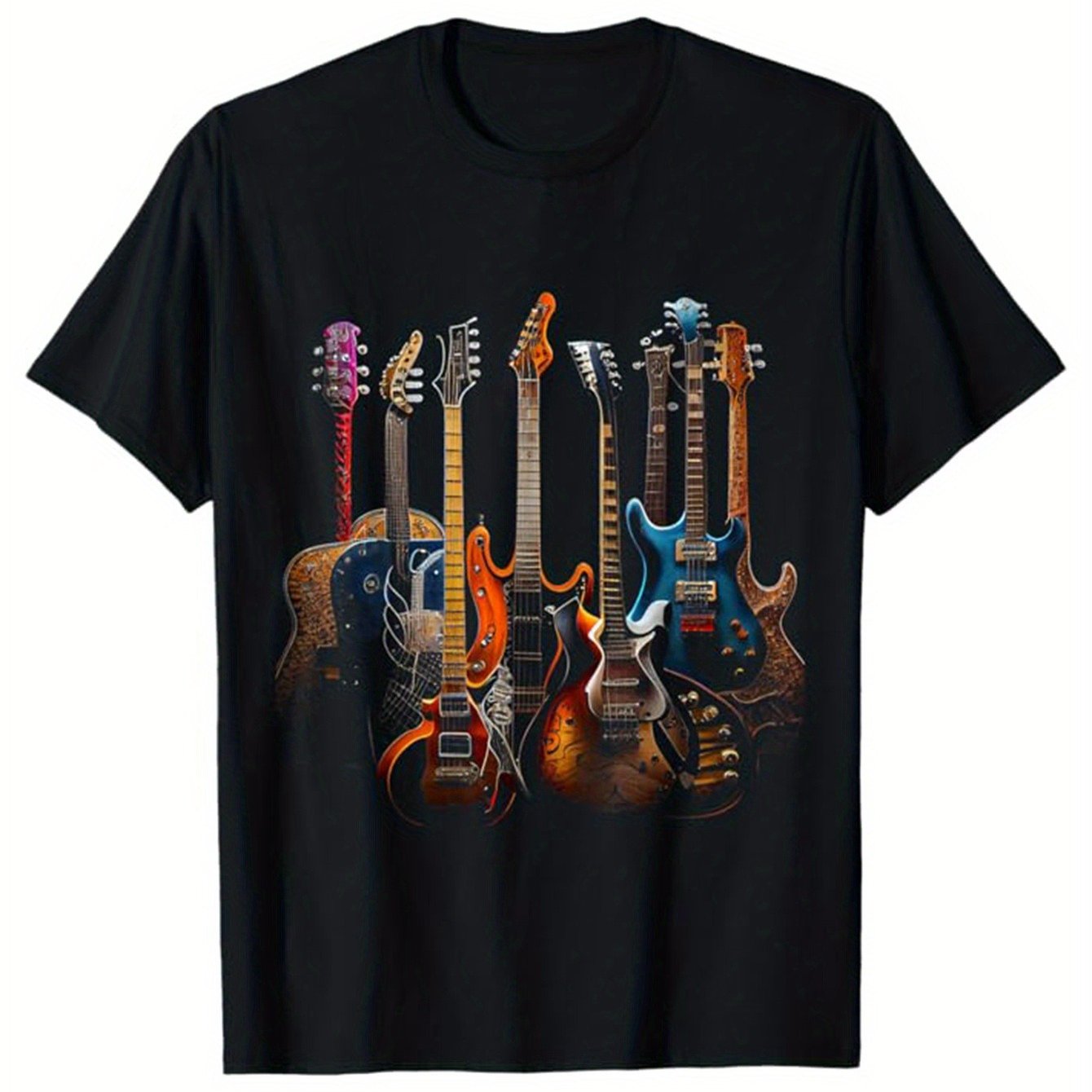 TEMU Men's Vibrant Guitar Print Cotton T-shirt - Casual & Comfy Short-sleeve, Round Neck Tee With Colorful Electric Guitars Design, Breathable & For Summer & Spring Sports And Music Festivals