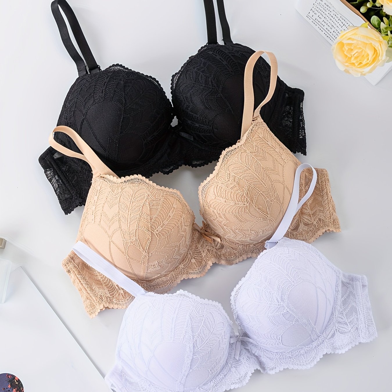 3pcs Lace Sexy Underwear Women's Push-up Underwire Bra Anti-sag Bra