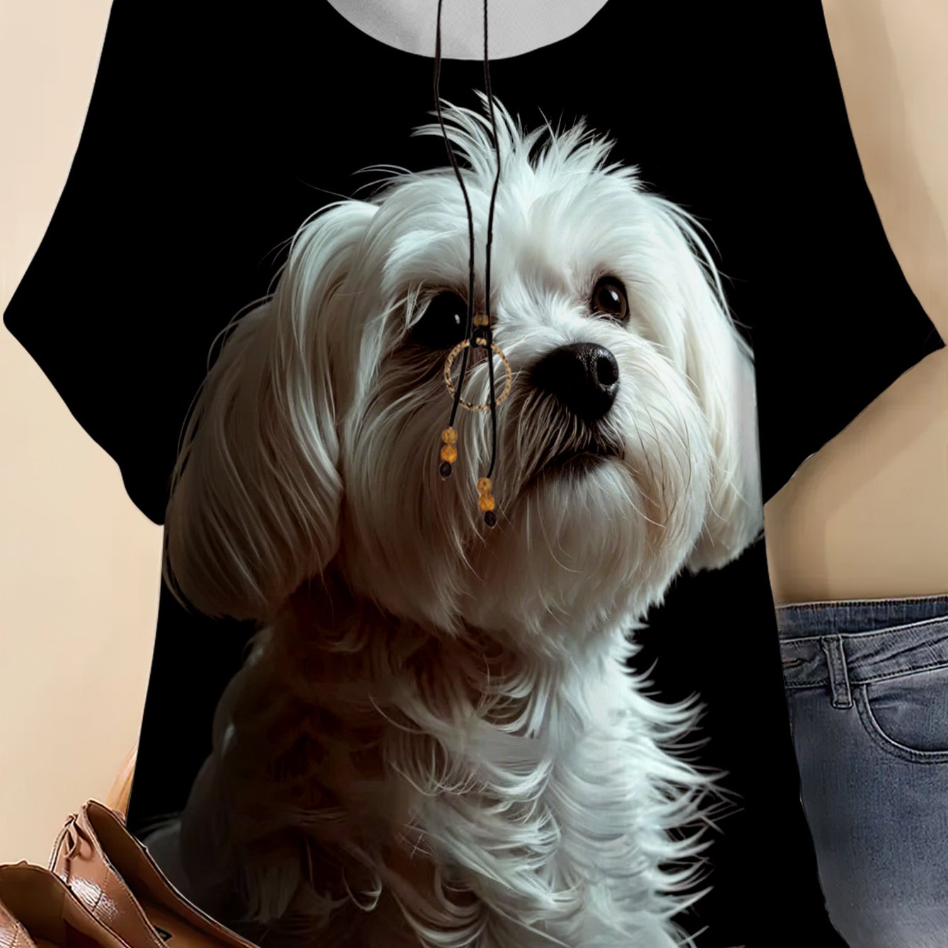 TEMU Plus Size - Plus Size - Plus Size Women's Round Neck Short-sleeved Top, Black Background High-definition Cute Maltese Dog Full Print,