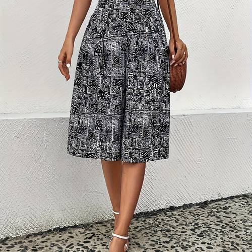 womens plus size elegant all a line skort high waist loose fit black white pattern polyester blend machine washable spring summer or casual casual wear relaxed fit glossy fabric