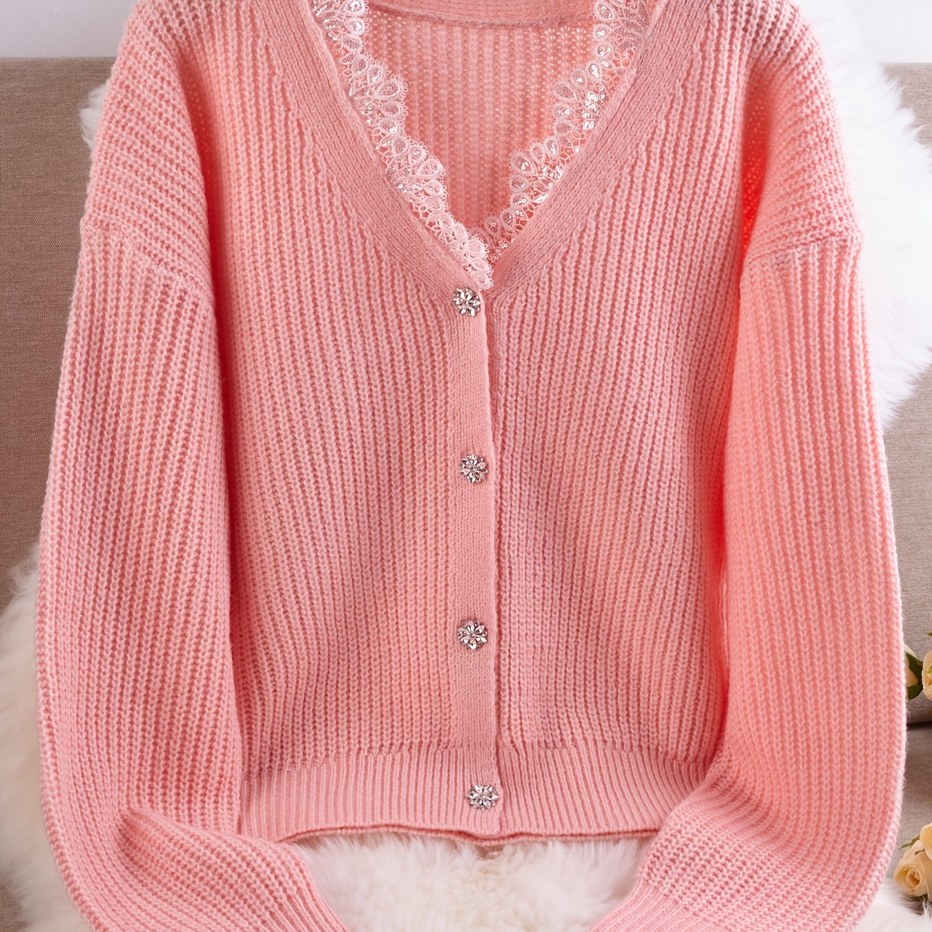 Lace V-neck Button-up Long Sleeve Top