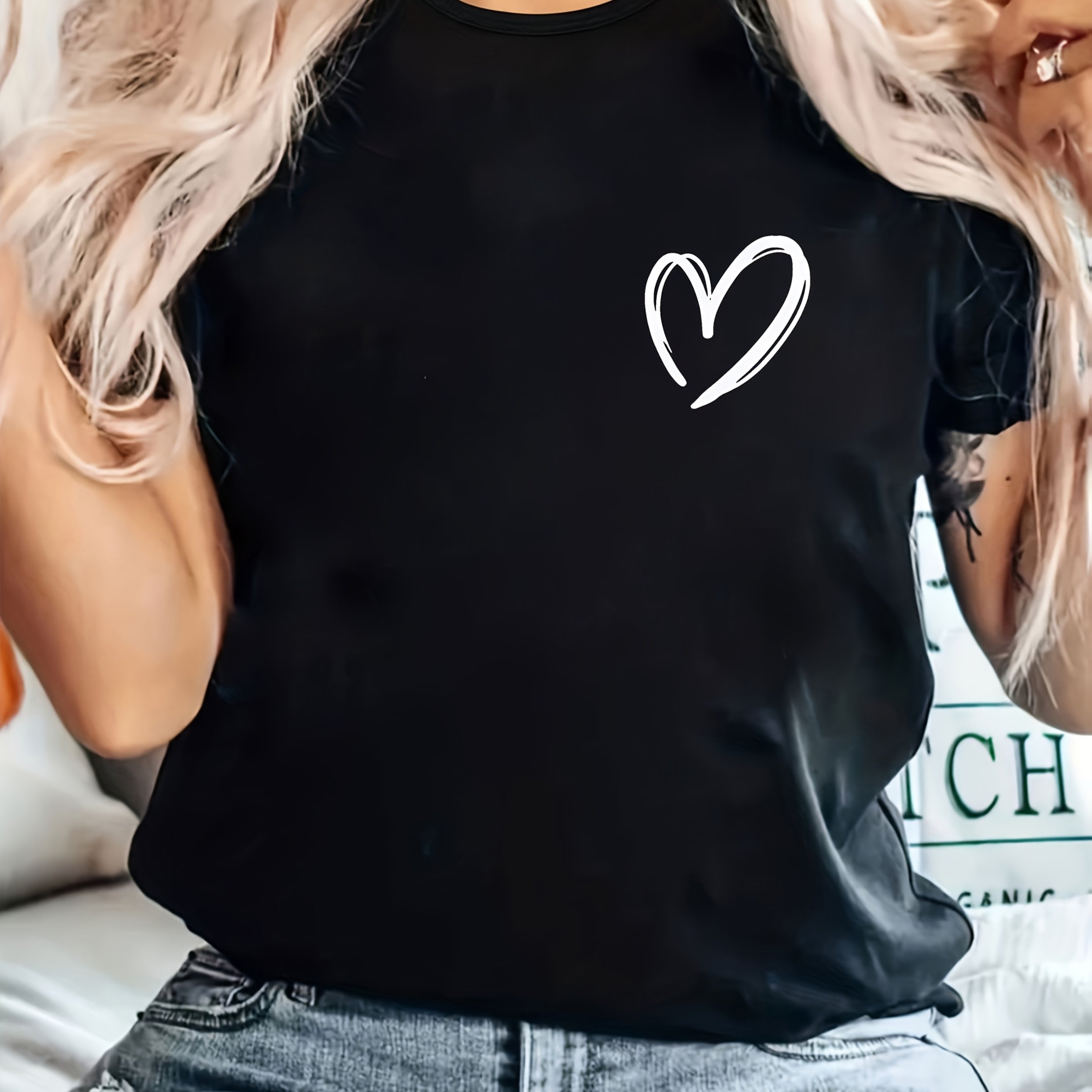 E-shop Plus Size, Damen Plus Size Oversized T-Shirt mit Herzprint – Lässiges Rundhals-Kurzarm-Bluse, Atmungsaktive
