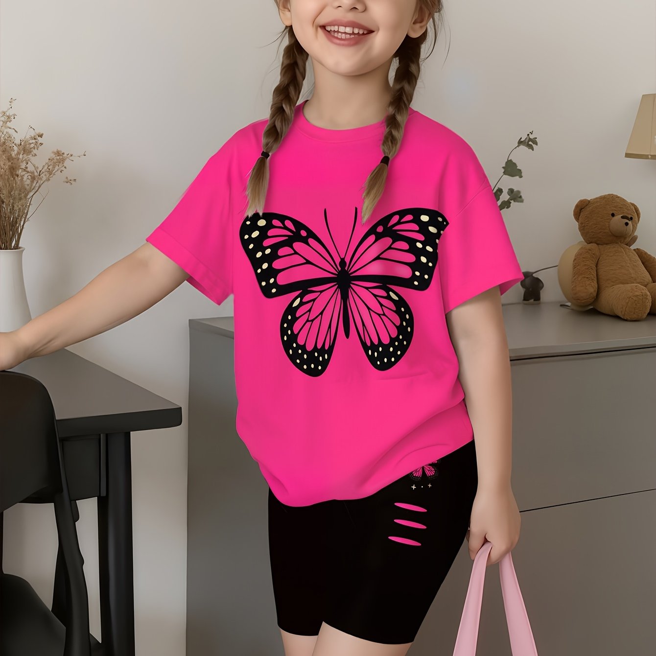 Image of Girls' Summer T-shirt And Shorts Set, Cartoon Print Short-sleeve Top, Perfect For Casual Streetwear, Gift For Kids, Sweet And , Children's Vacation Leisure Outfit For , Breathable And Comfortable