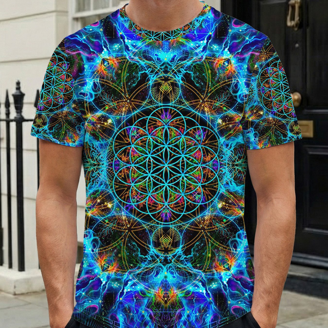 TEMU [printed Design Not Textured] Men's T-shirt Flower Of Life Radiance Casual Round Neck Casual Tee For Gym Outdoor Holiday Parties Wear Gift