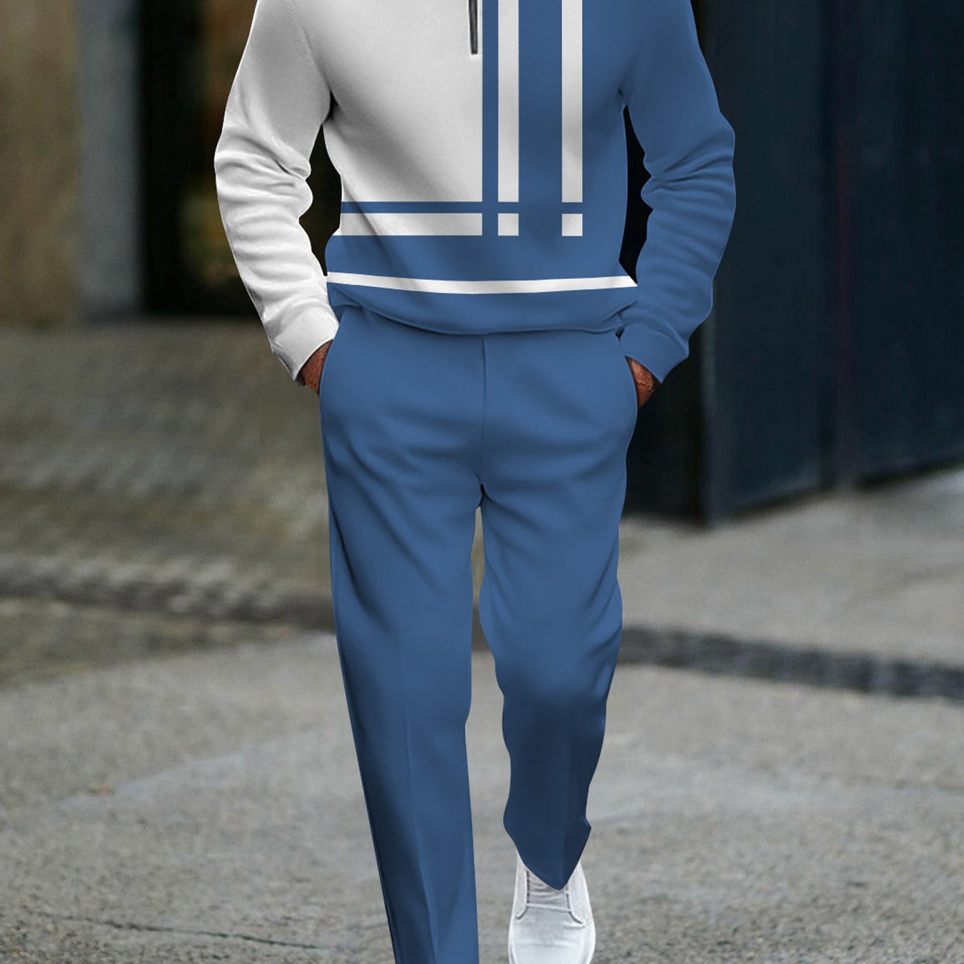 TEMU Men's Casual Fashion Tracksuit Featuring A Color With A Half Zip, With White Vertical Stripes And A Horizontal Line Panel Pattern, Suitable For