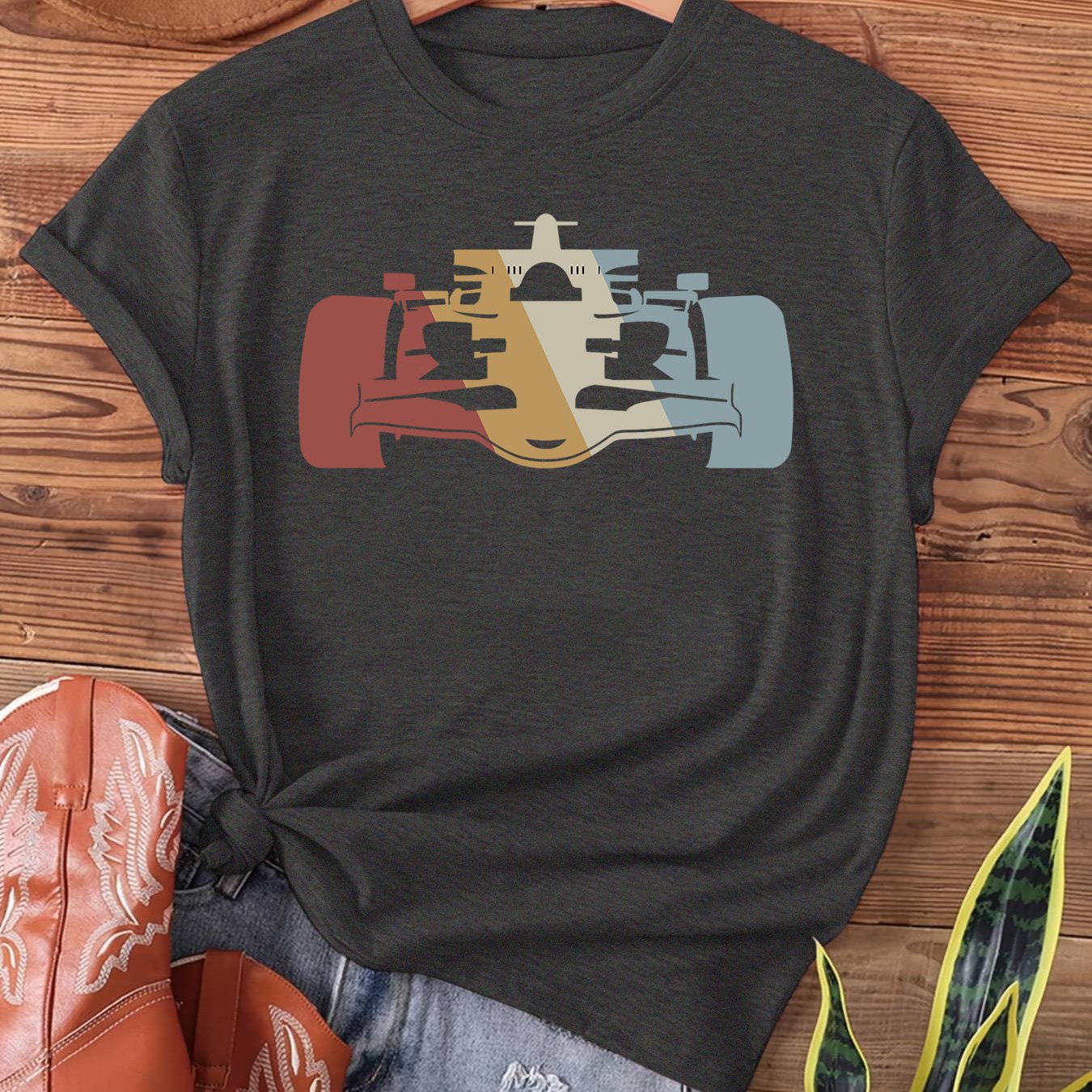 TEMU Retro Four-color Racing Graphic, Vintage Style Racing Car, Print T-shirt, Short Sleeve Crew Neck Casual Top For Summer And Spring, Women's
