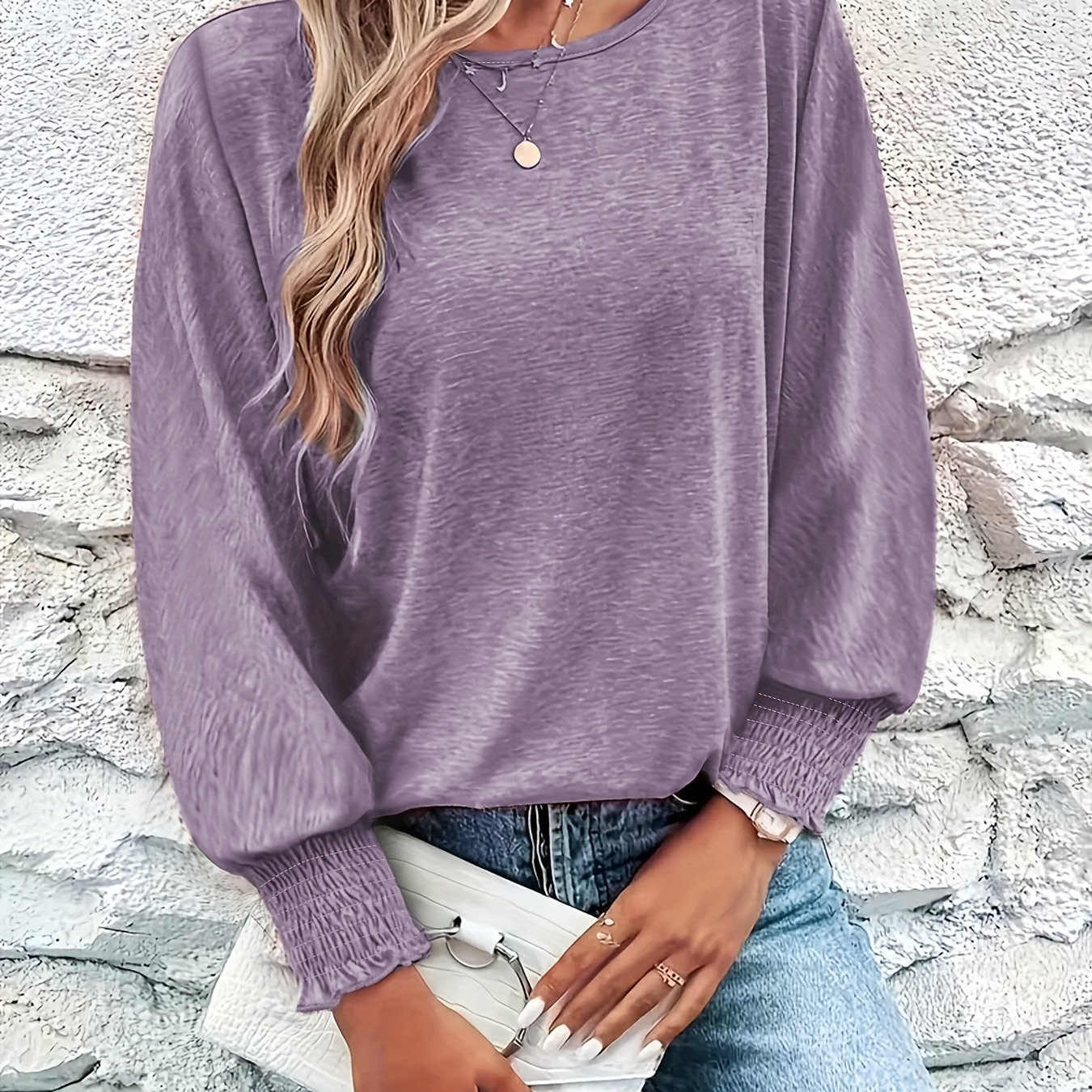 TEMU Women's Casual Long Sleeve T-shirt - Solid Color With Smocking Detail At Cuffs, Round Neck, Medium Stretch, Machine Washable, Autumn Fashion Top, Ladies T Shirts, Stretchable Fabric