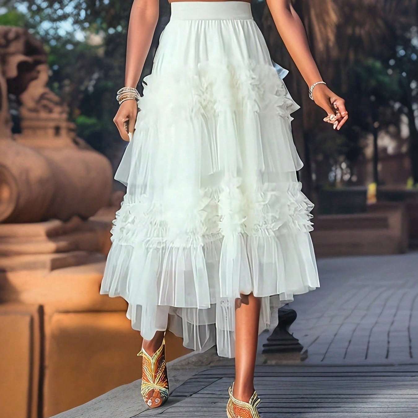 TEMU Women Mesh Skirt Elegant Long Skirt High Waist