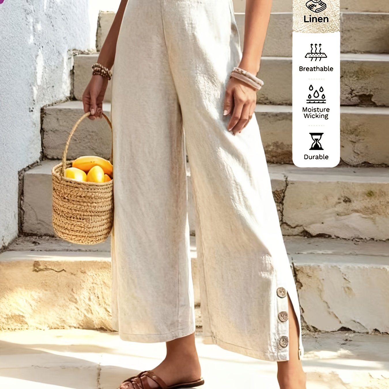 TEMU Women's High-waist Linen Wide-leg Pants With Slit, Breathable And Sweat-absorbent Linen Trousers For Summer Beach Vacations, Daily Wear, Outdoor