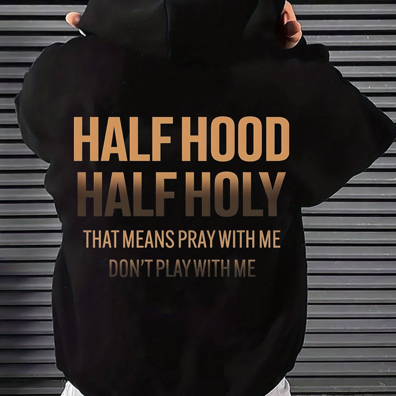TEMU Men's Hooded Sweatshirt Trend Loose Back Gradient Half Hood Half Holy Text Print Fall Men' Tops