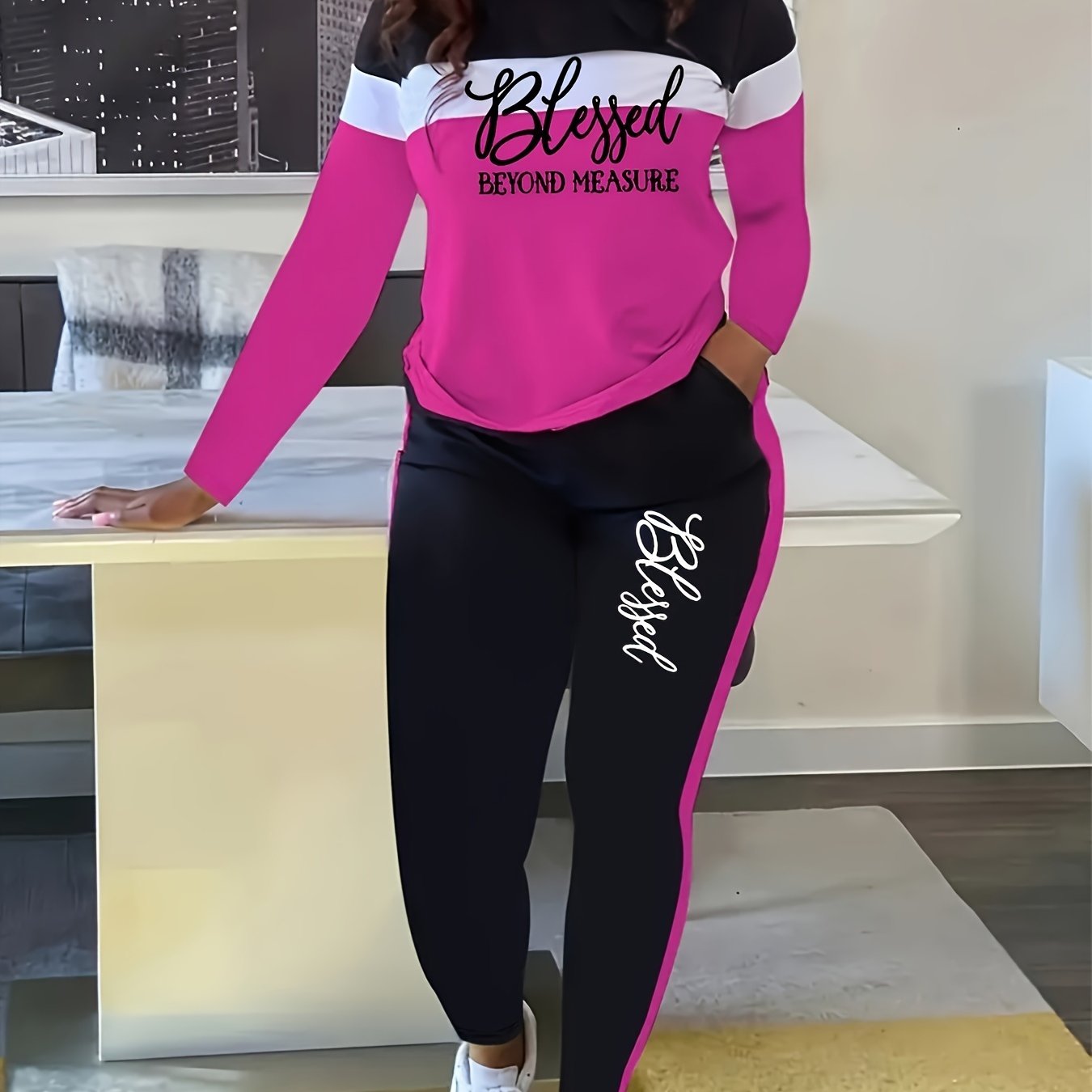 Plus Size - Plus Size - Women's Casual Suits, Stitching Colors And Lettering Prints