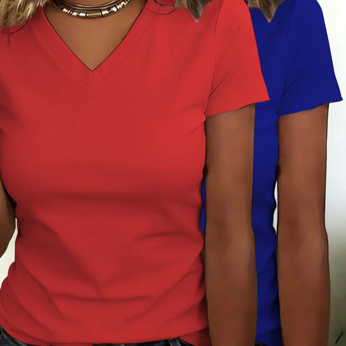TEMU V-neck T-shirt 2pcs Set - Options, Versatile , Suitable For Spring, Summer, And Autumn Outfits, Refreshing And Comfortable