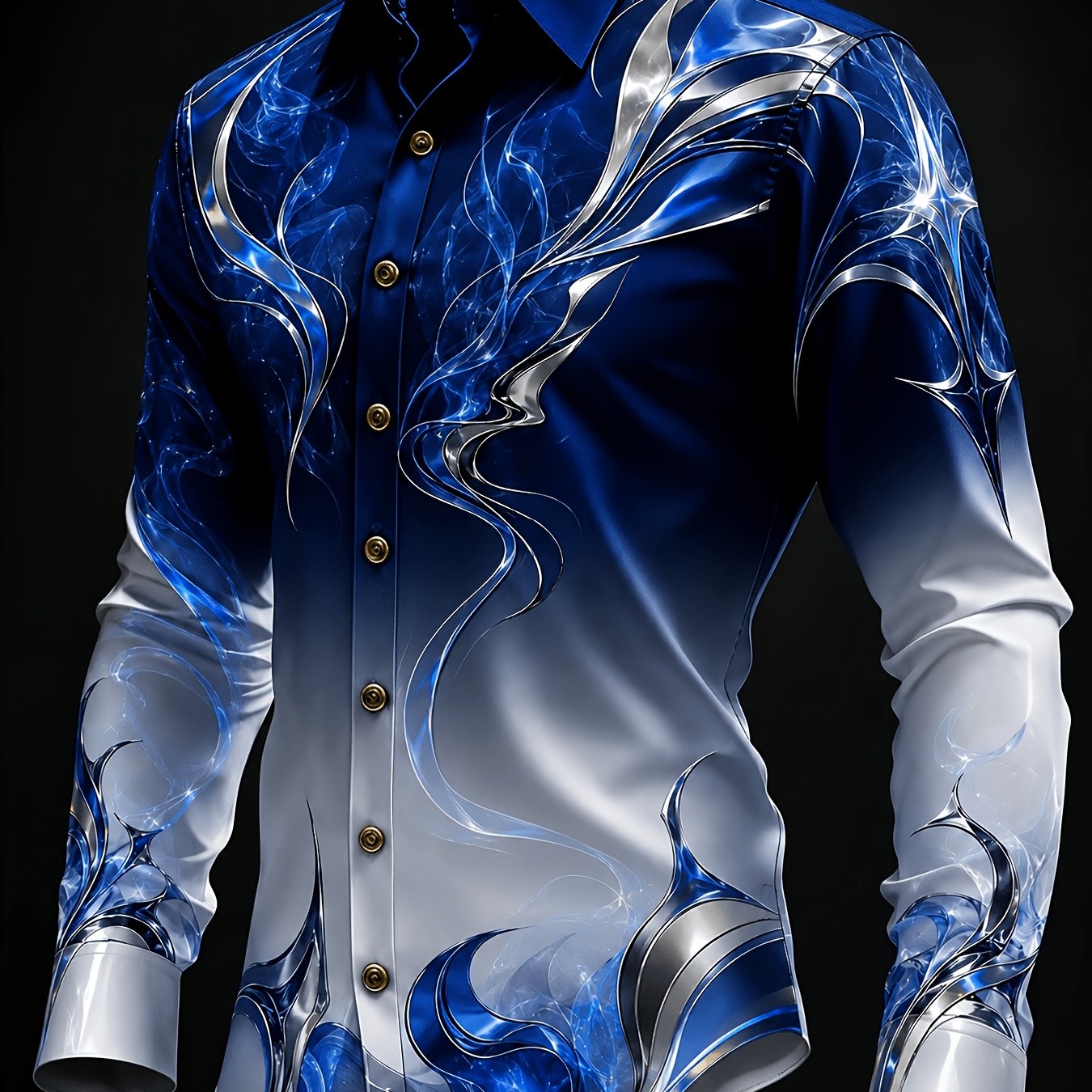 Image of Men's Collared Longsleeve Shirt Abstract Neon Smoke Print Modern Aesthetic Party Wear For Stylish Men Fashionable For Nightlife And Social Events, Plus Size