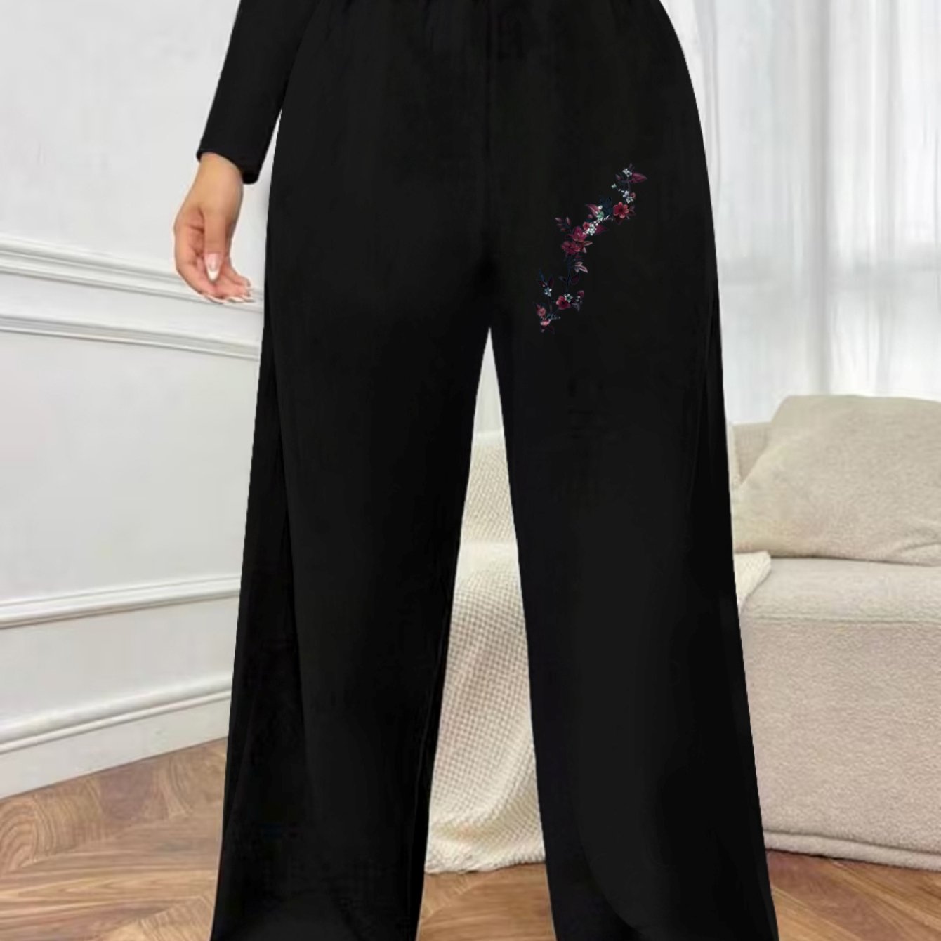 TEMU Plus Size, Women's Plus Size Wide-leg Pants With Elastic Waist - Plus Size Maxi Trousers Suitable For Home & Casual Attire, Casual & Wear, -