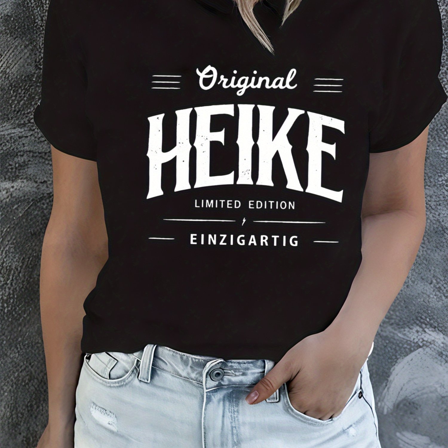 Women's Heike Edition 200g Heavyweight 100% T-shirt - Print & German Text (einzigartig) - Black & White Casual Streetwear Top, Round Neck Short Sleeve For Daily Wear & Fashion Outfits - Brand