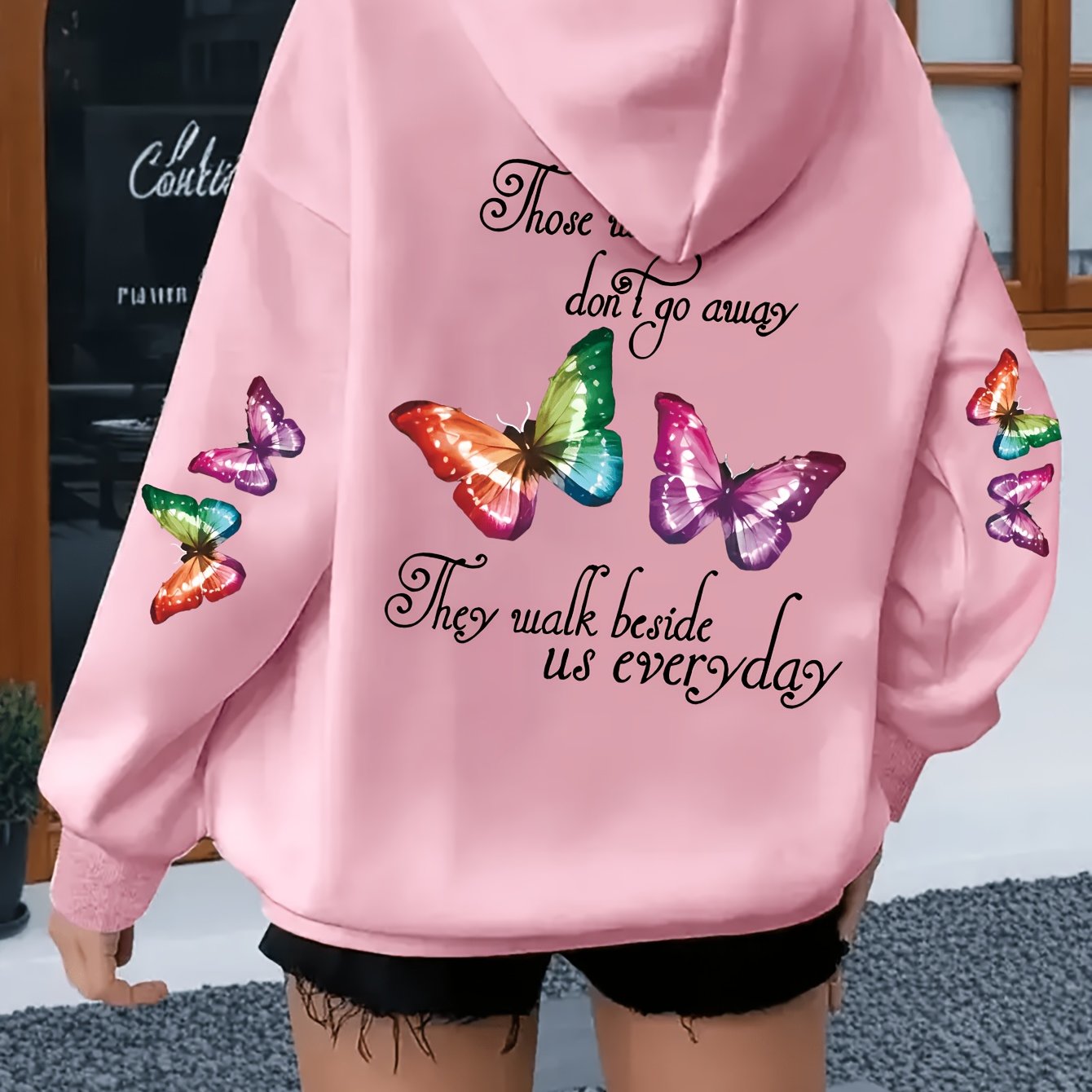 TEMU Grote maten, dames plus size casual sweatshirt voor herfst/winter met vlinder- en letterprint, jack met capuchon, rits en zakken, lange mouwen,