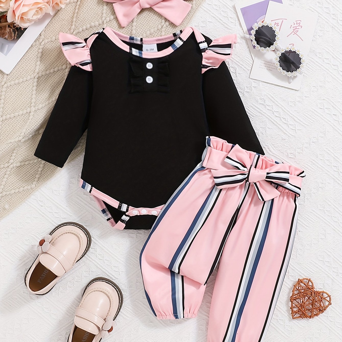 Image of Newborn Baby Girl Puff Sleeve Lace Button Triangle Bodysuit Top And Full Print Striped Comfortable Micro-elastic Loose Comfortable Long Pants And Headscarf 3pcs Set, For Outdoor
