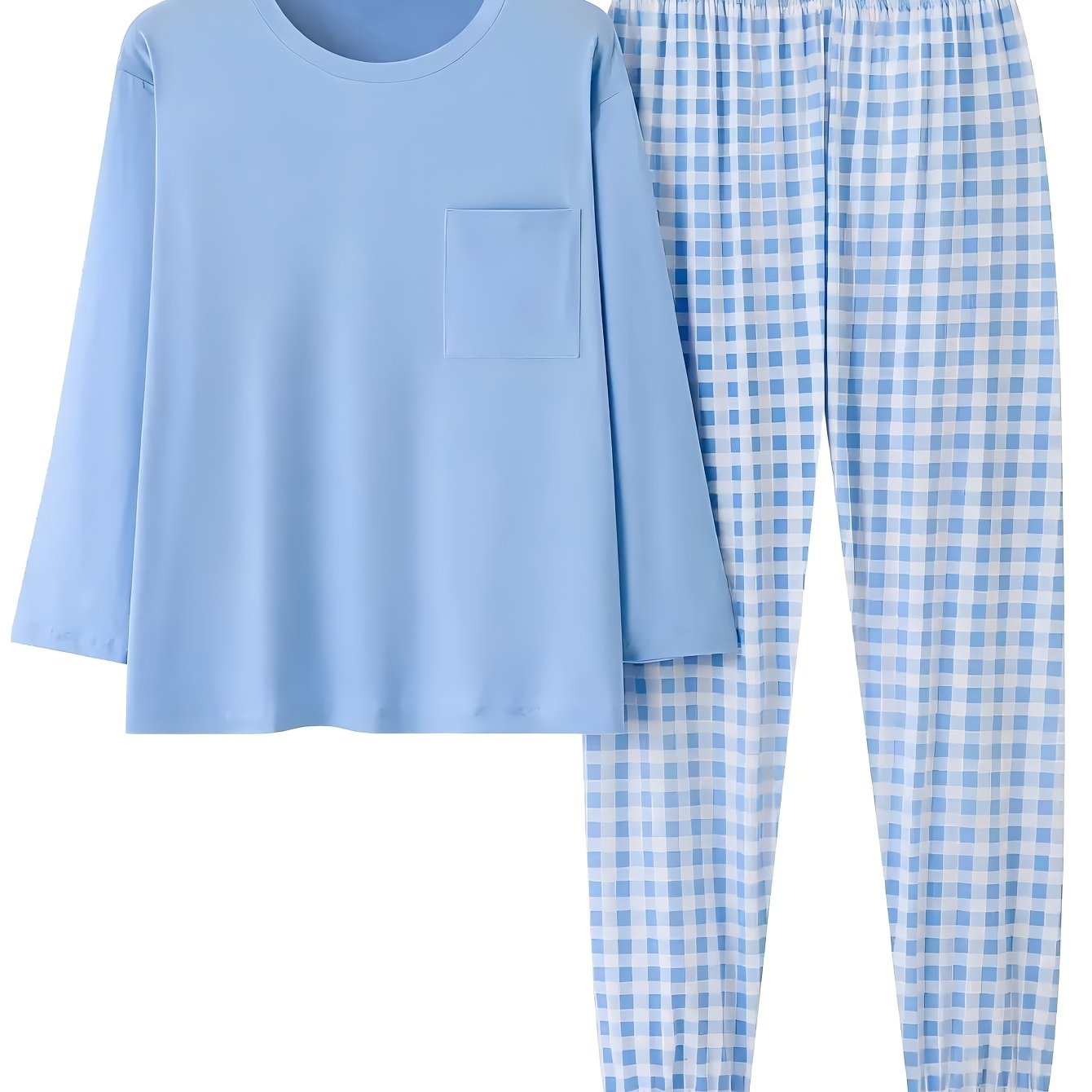 E-shop Gemütliches Pyjama-Set für Damen in Übergröße - Einfarbiges Langarm-Oberteil & Karierte Hose, Weiche Polyester-Loungewear, Maschinenwaschbar