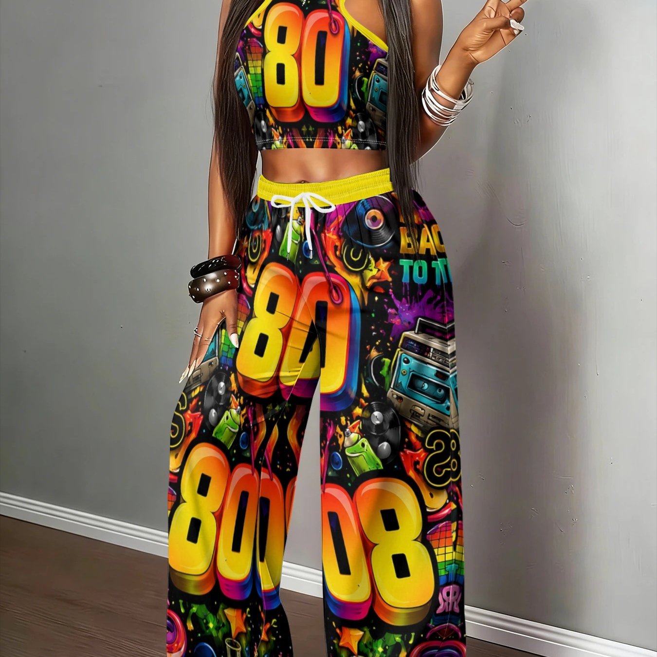 TEMU European And Vintage Disco Print Y Casual Set, High-waist Wide-leg Pants And Hot Halter Neck Tank Top 2pcs Set