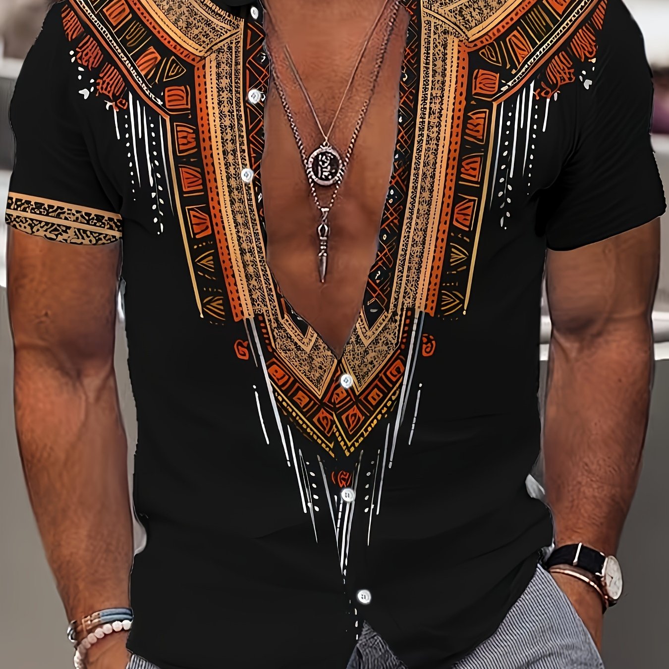 TEMU Men's Ethnic Pattern Print Short Sleeve Collar Shirt Top, Casual Button-up Shirt, Suitable For Summer Daily Wear And Vacation Destinations
