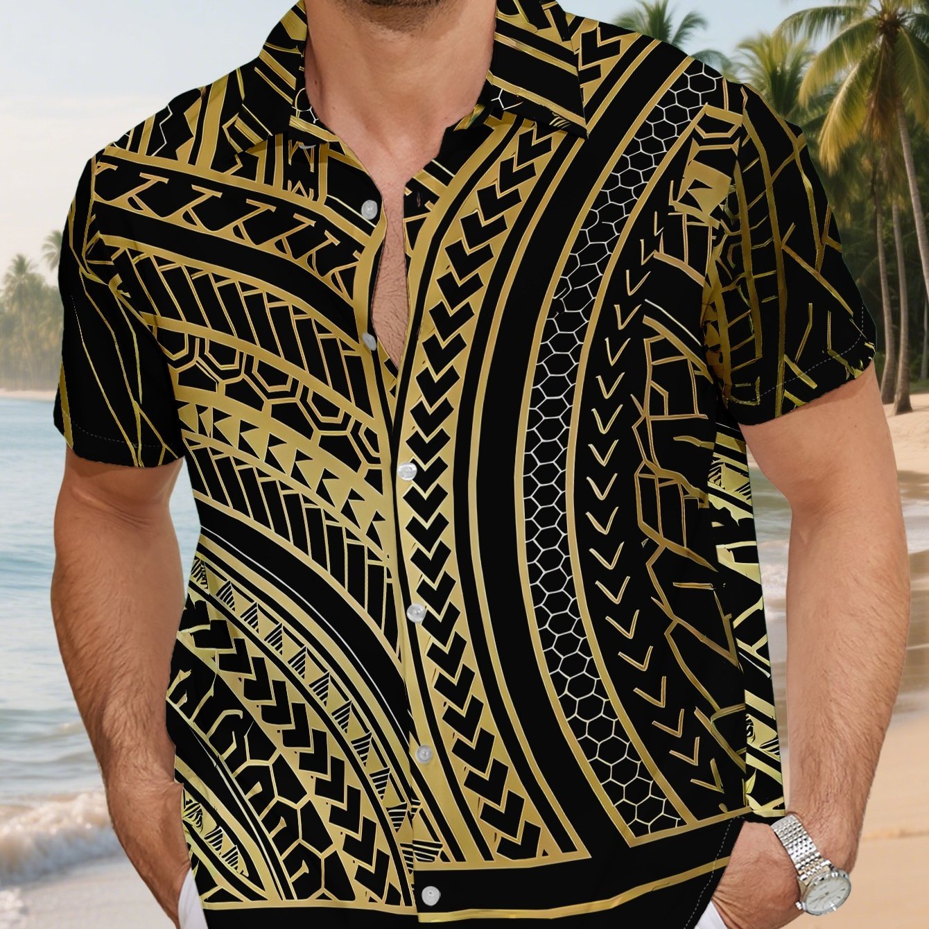 TEMU Men's Casual Short-sleeve Beach Shirt In Black And Golden, Featuring Intricate Tribal Geometric Patterns, Breathable Hawaiian Shirt For
